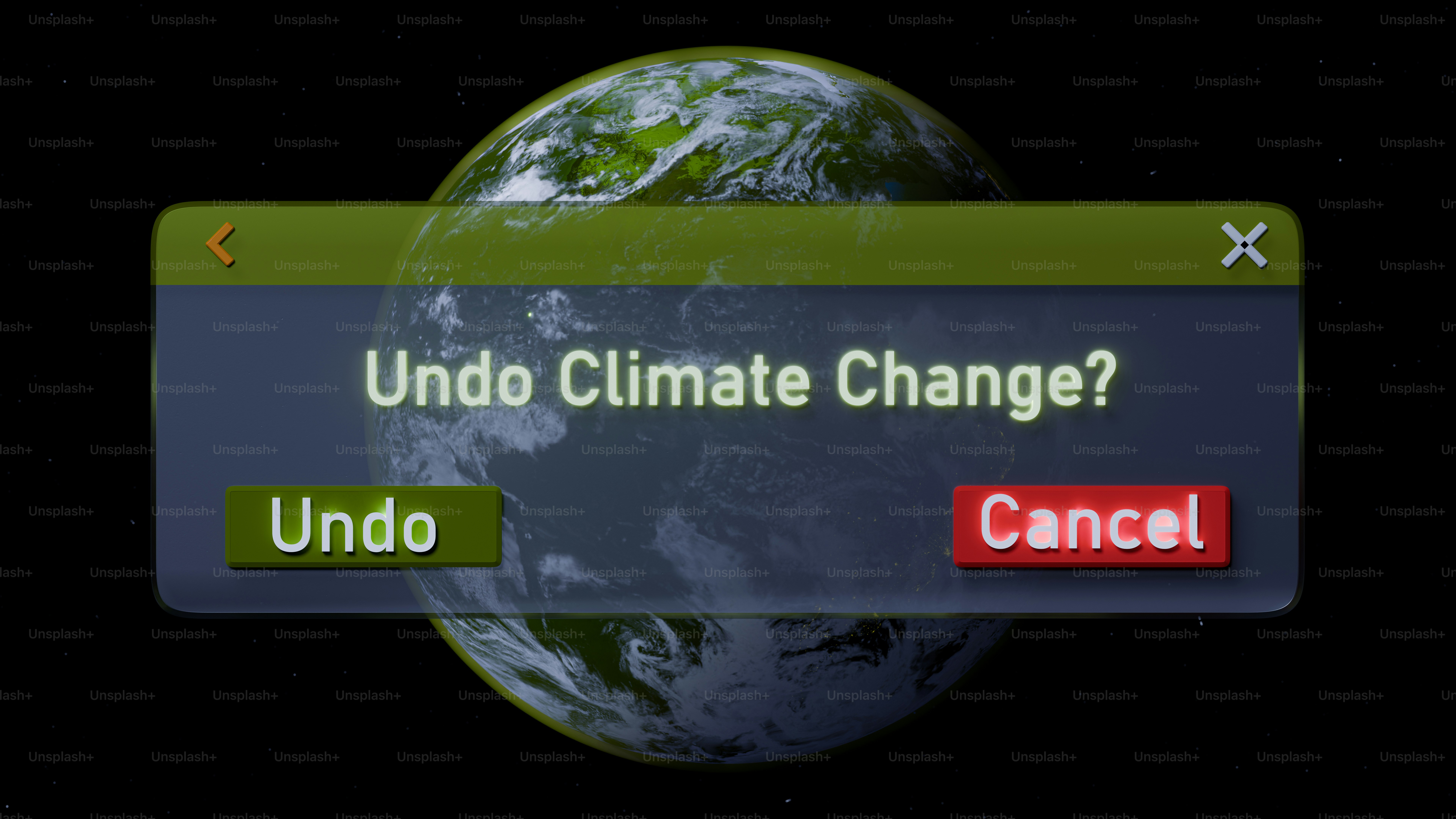 Digital earth with 'undo climate change?' pop-up