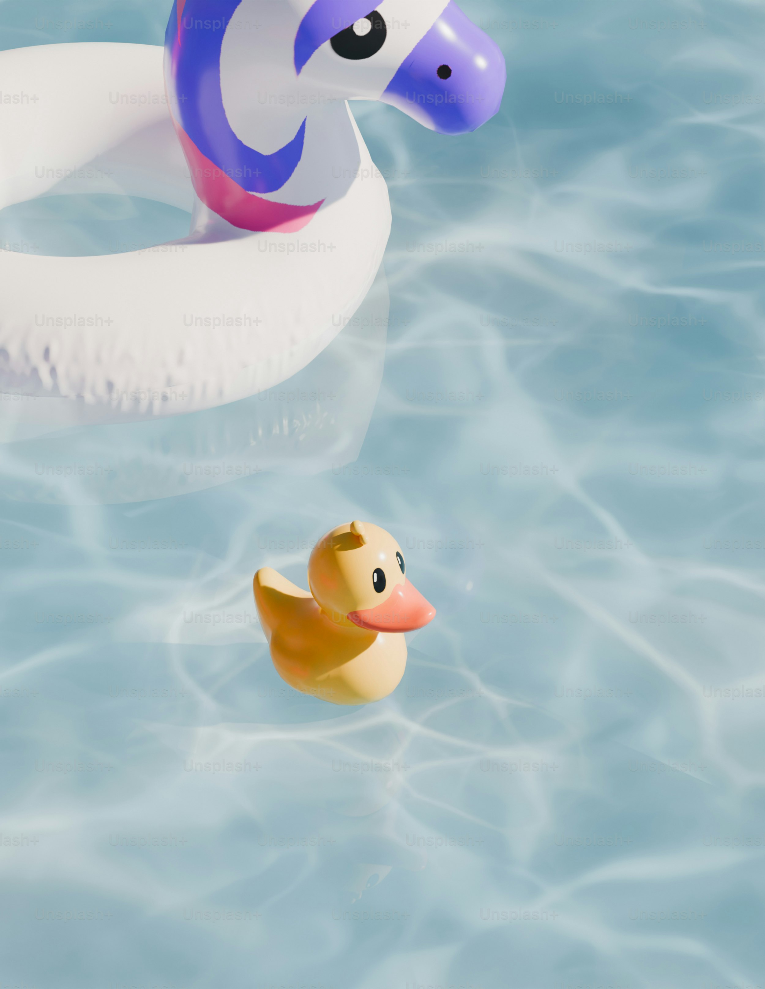 Flotte canard en caoutchouc et licorne dans l’eau claire de la piscine
