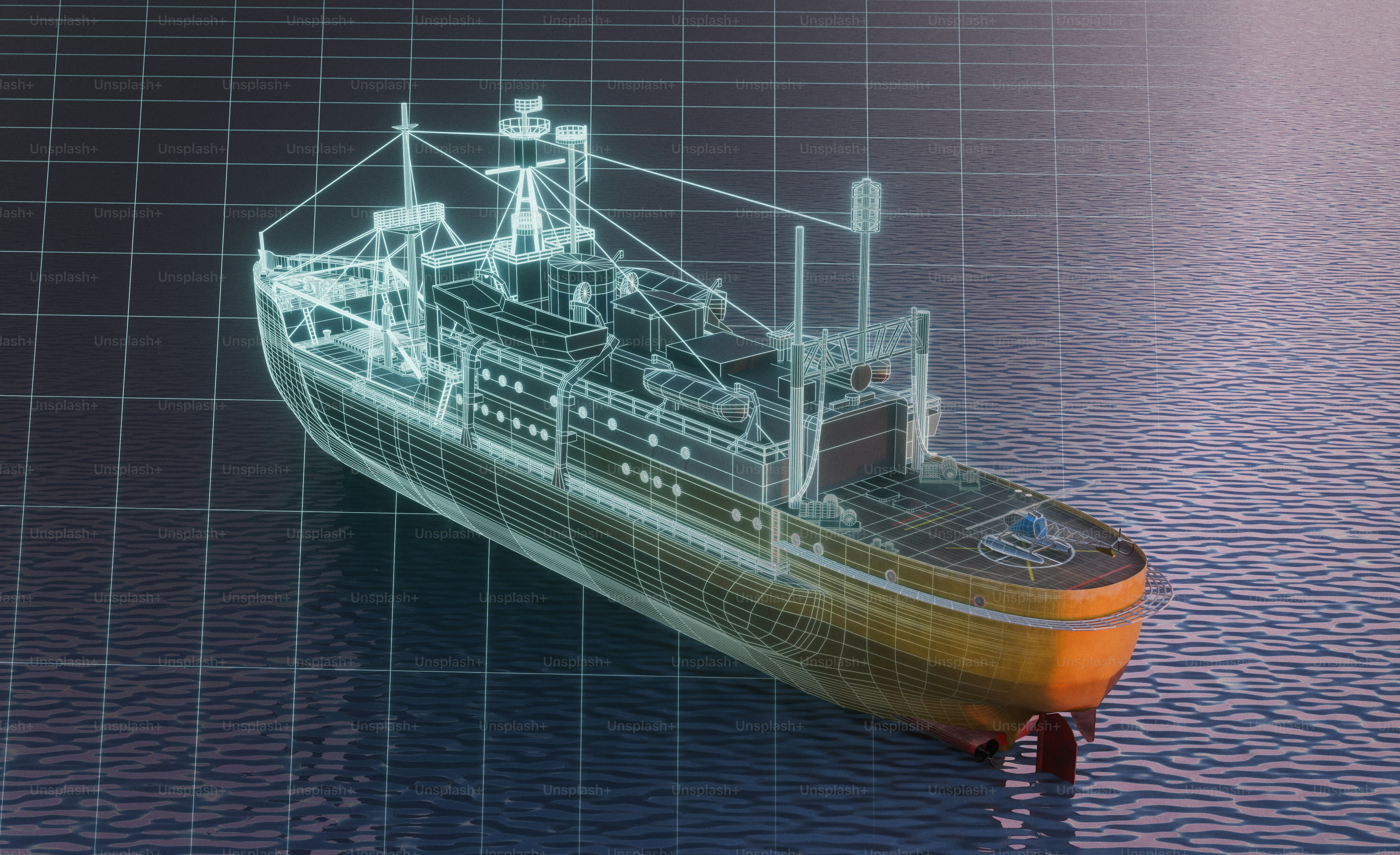 Wireframe ship model with solid hull on grid