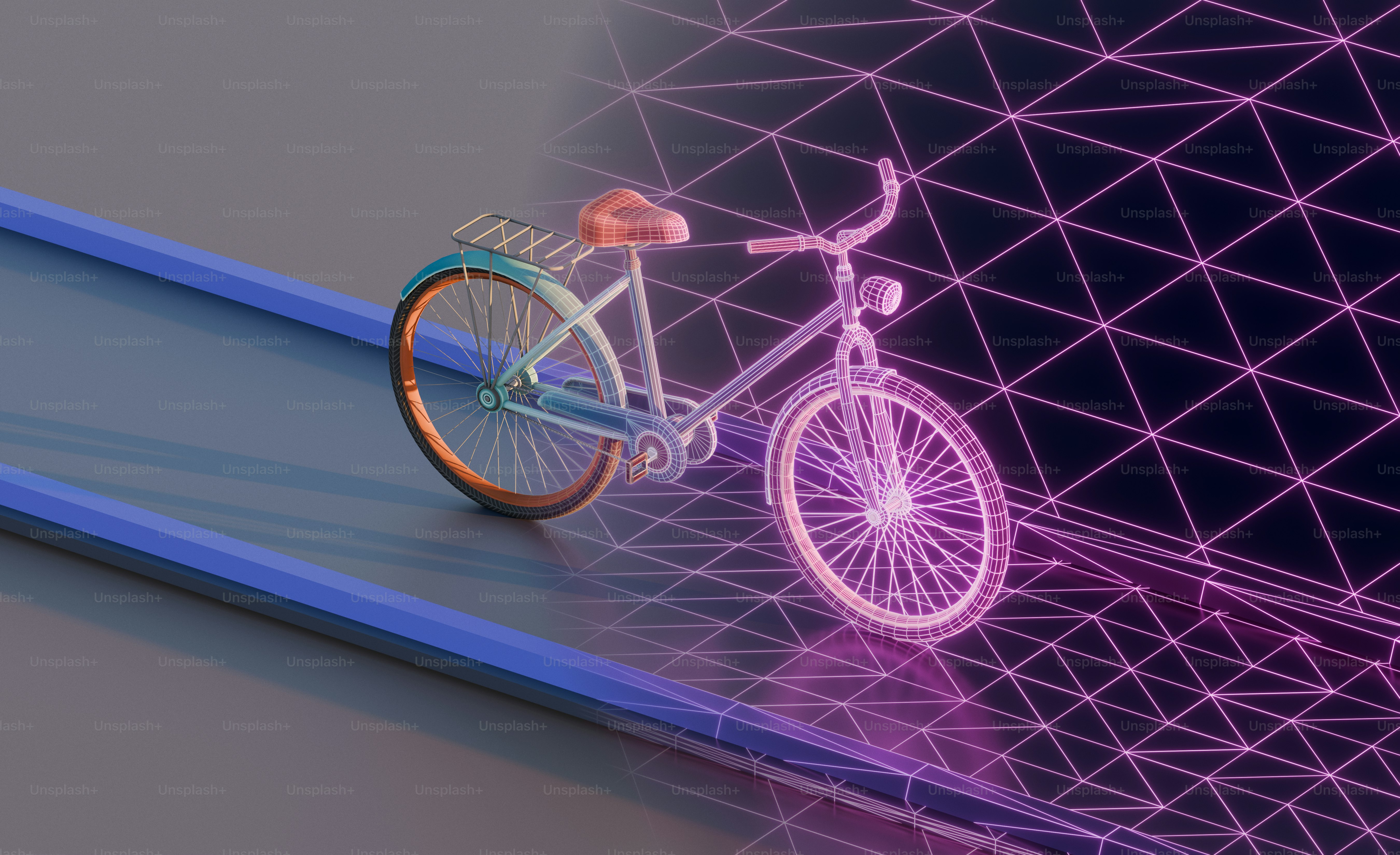 Stylized bicycle on a digital grid surface