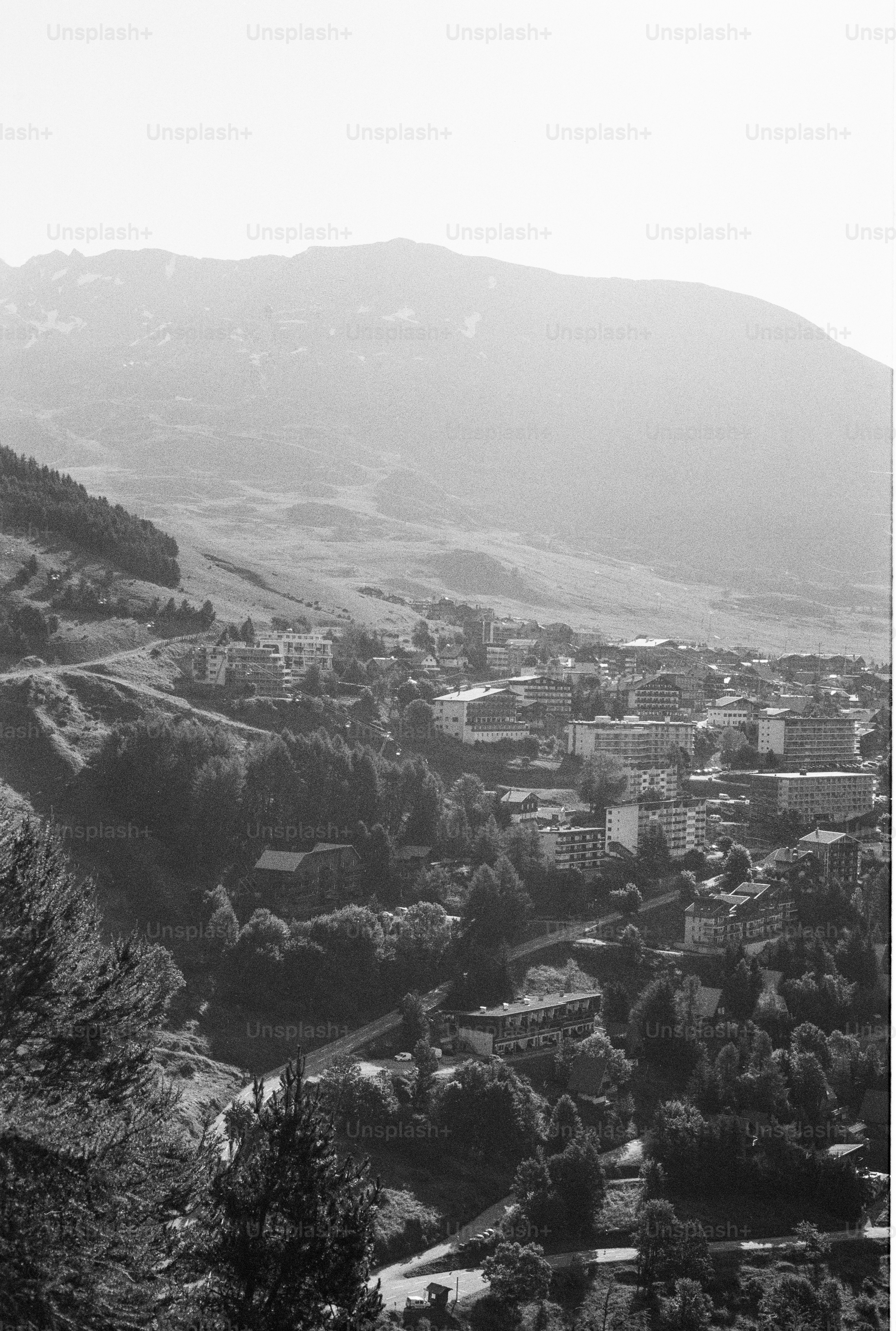 Monochrome town nestled in a mountain valley