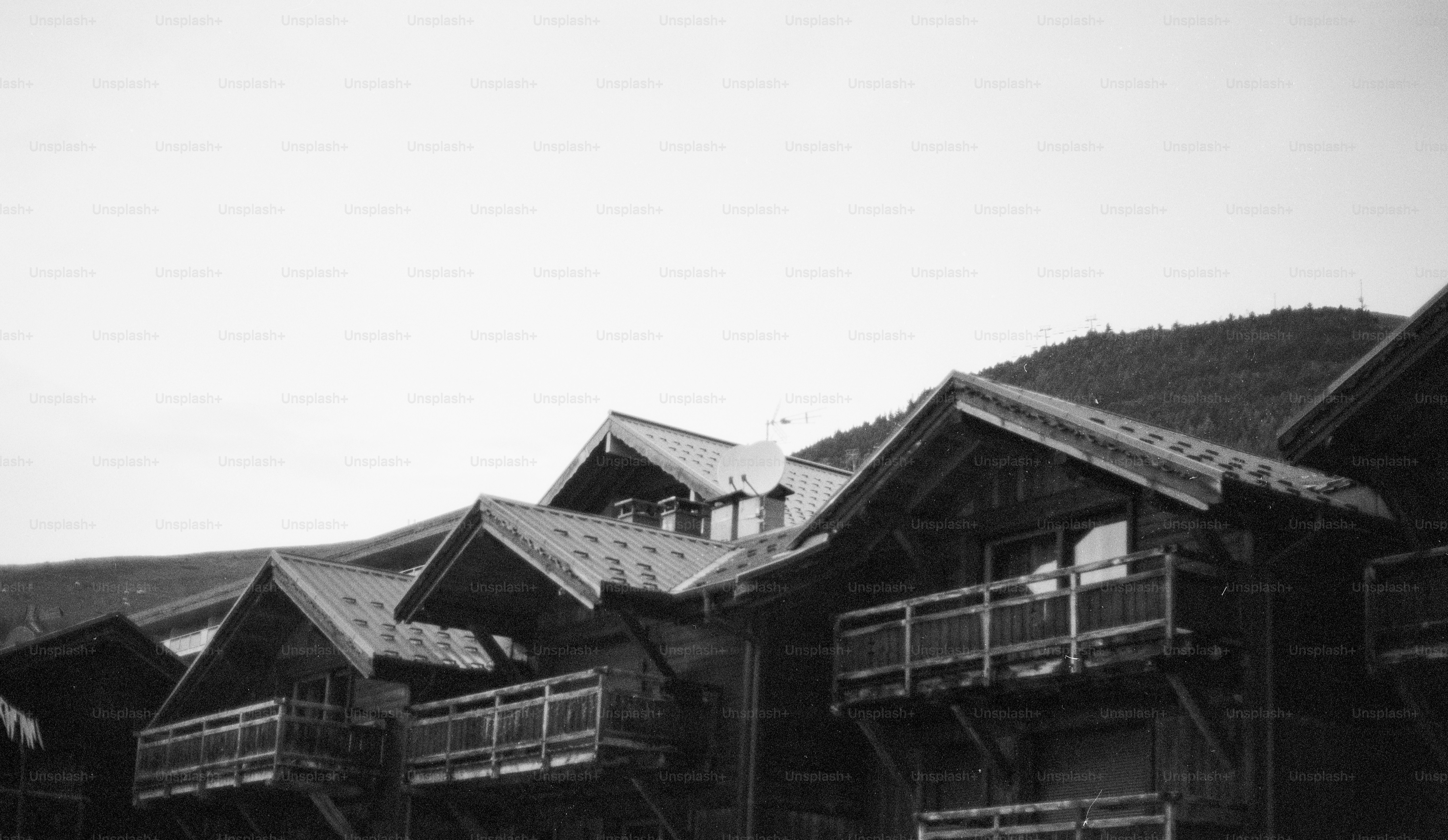 Wooden chalets with balconies, captured in black and white