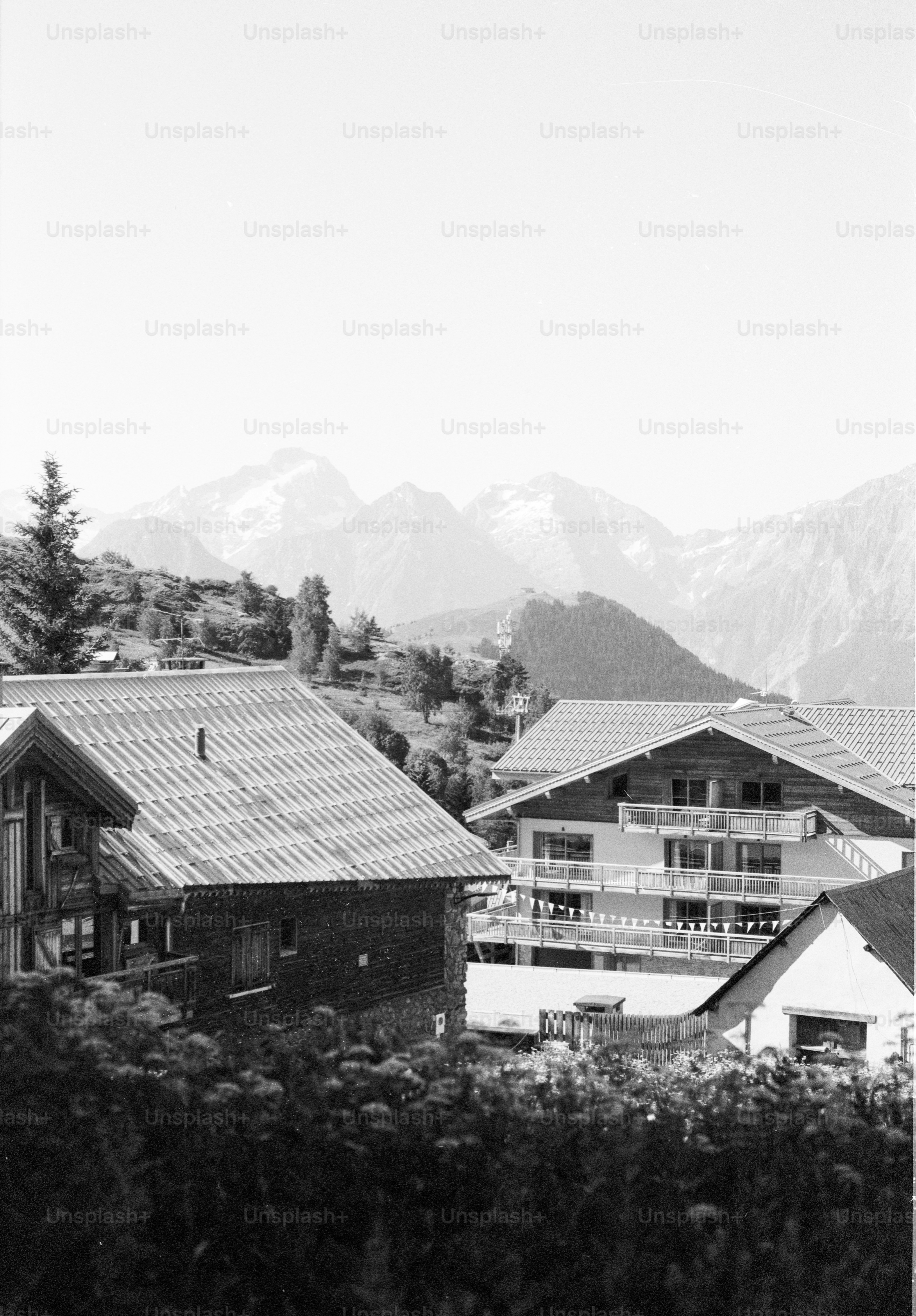 Alpine village houses against a mountain range