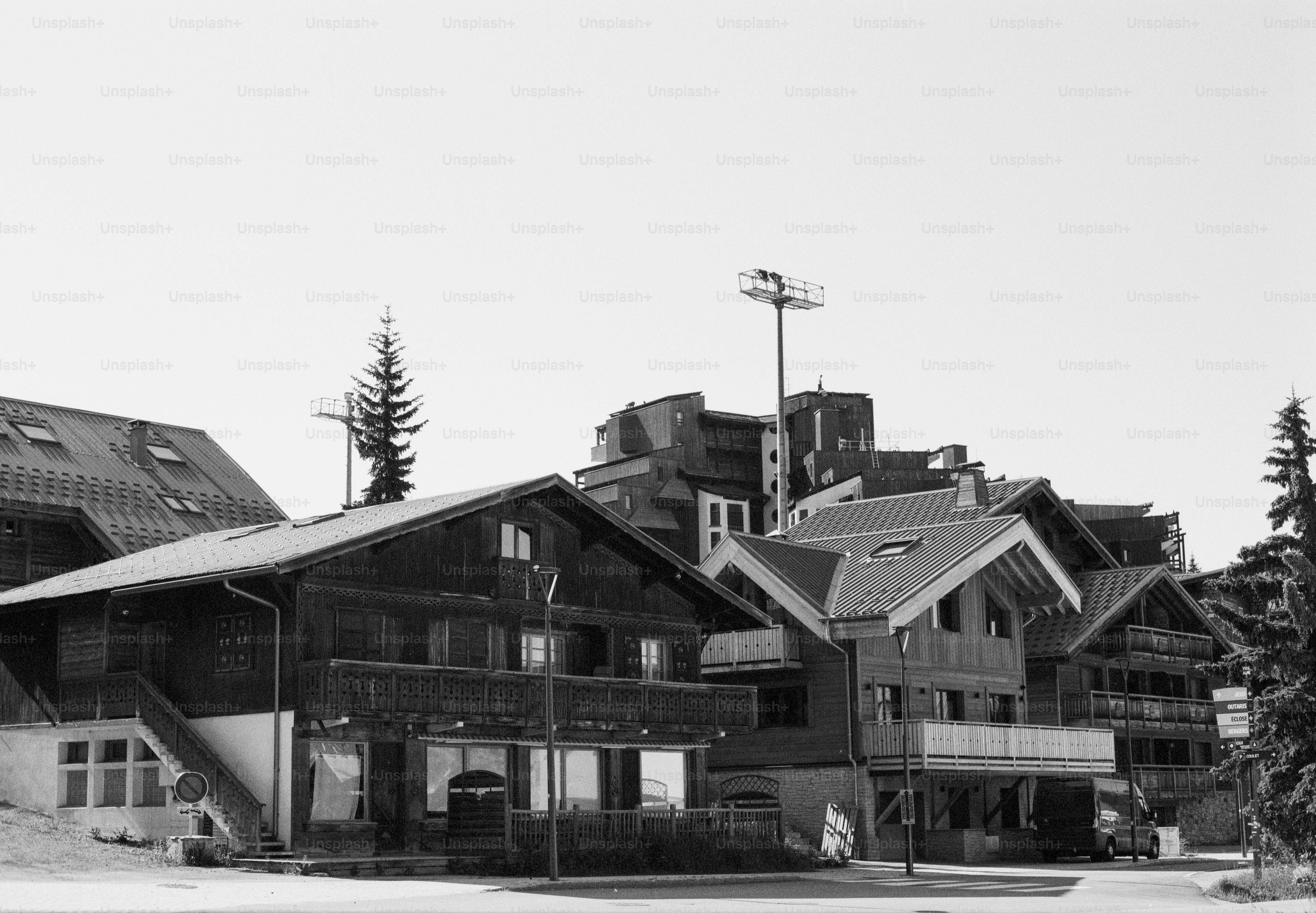 Resort buildings and chalets in black and white