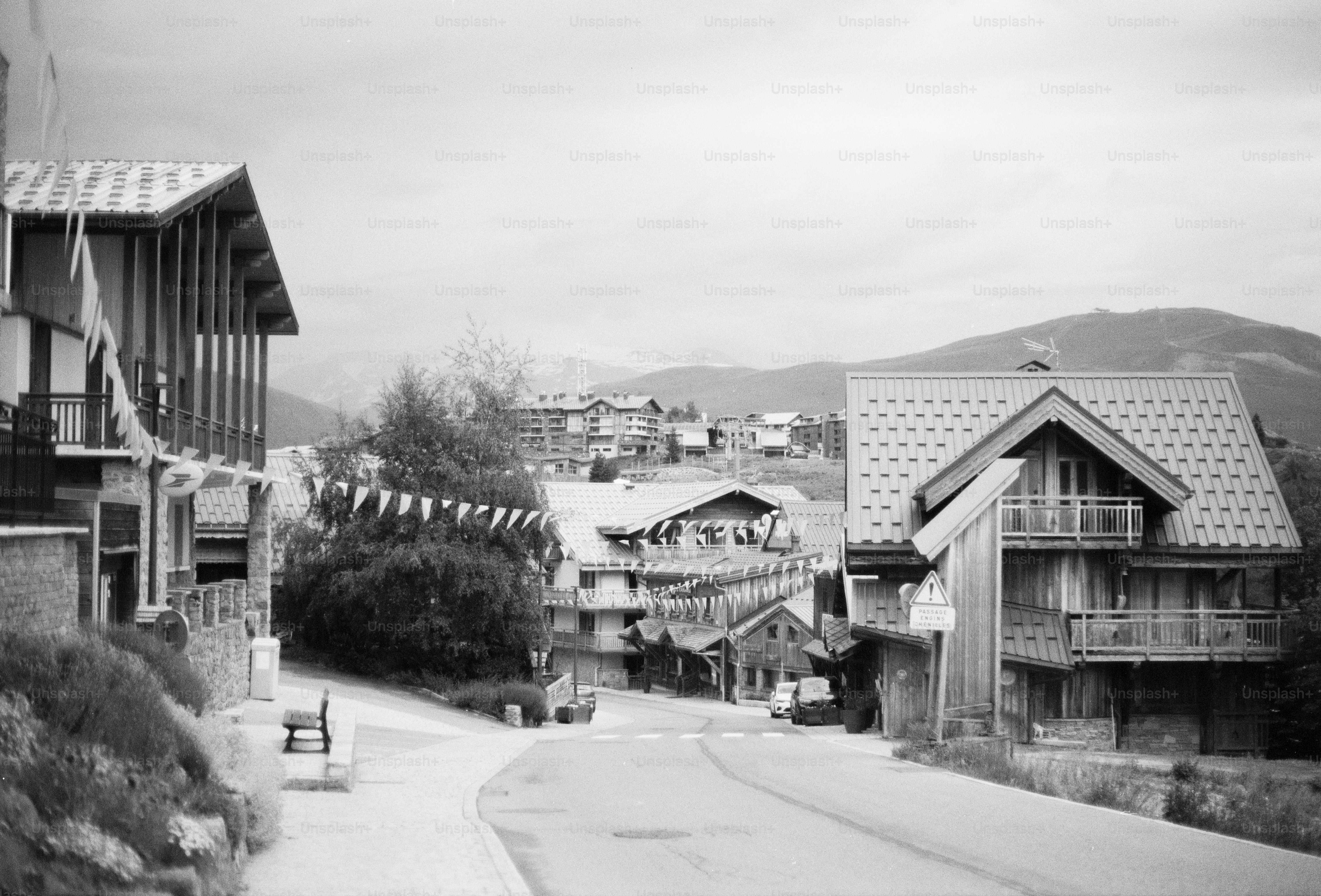 Mountain village street lined with traditional chalets