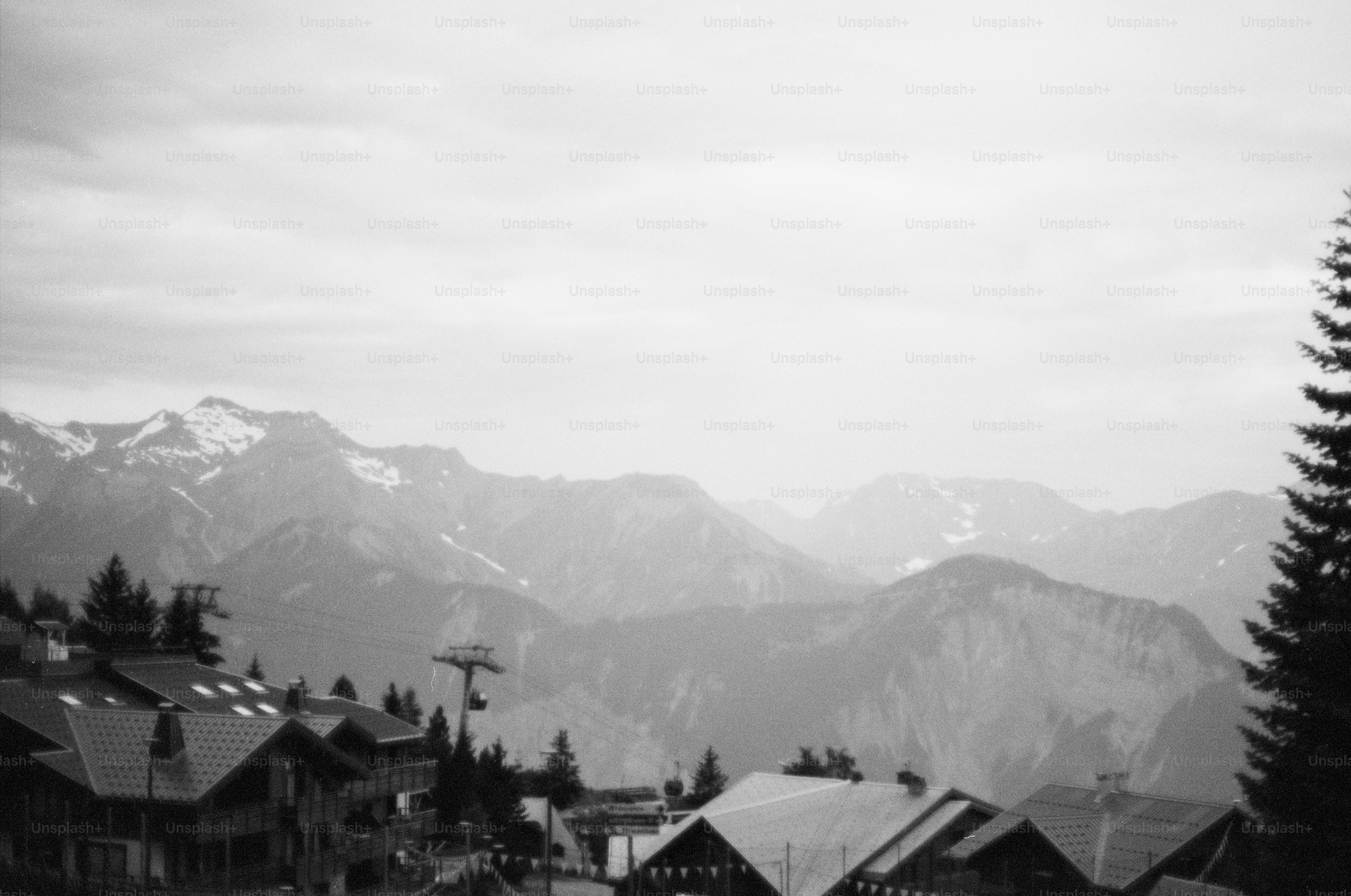 Black and white mountain landscape with ski chalets