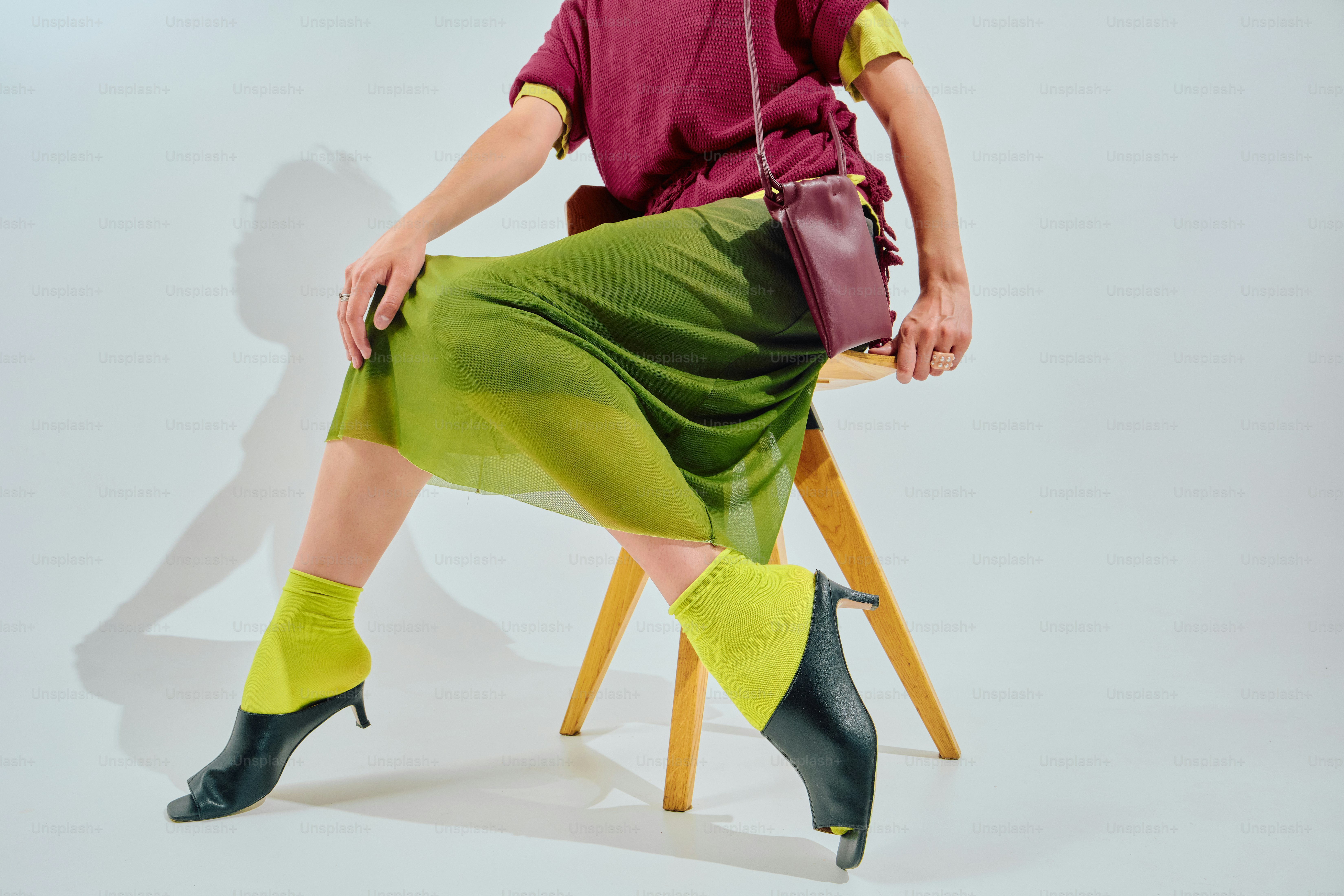 Burgundy top, chartreuse skirt, black shoes, chartreuse socks