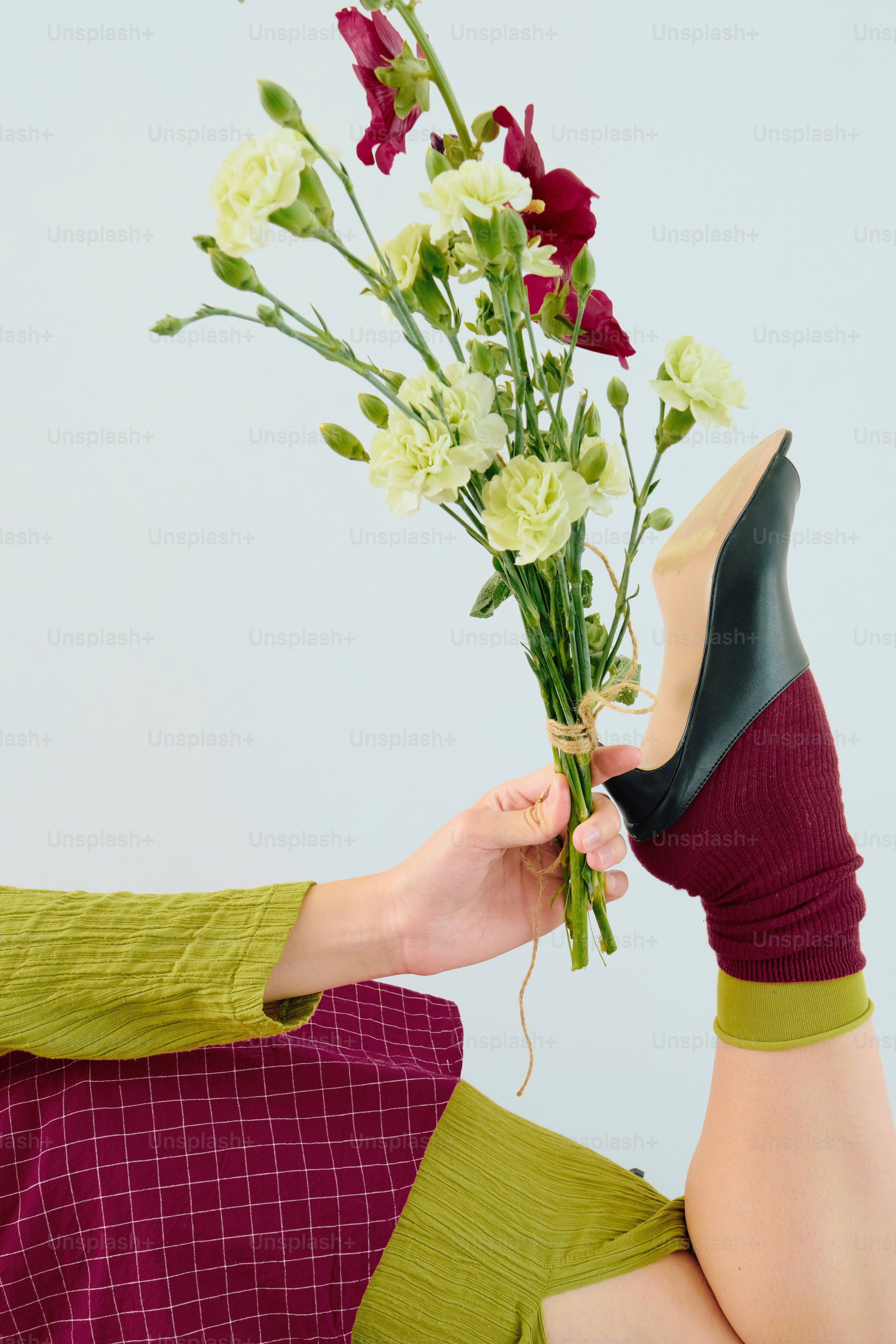 Burgundy and chartreuse fashion details with flowers