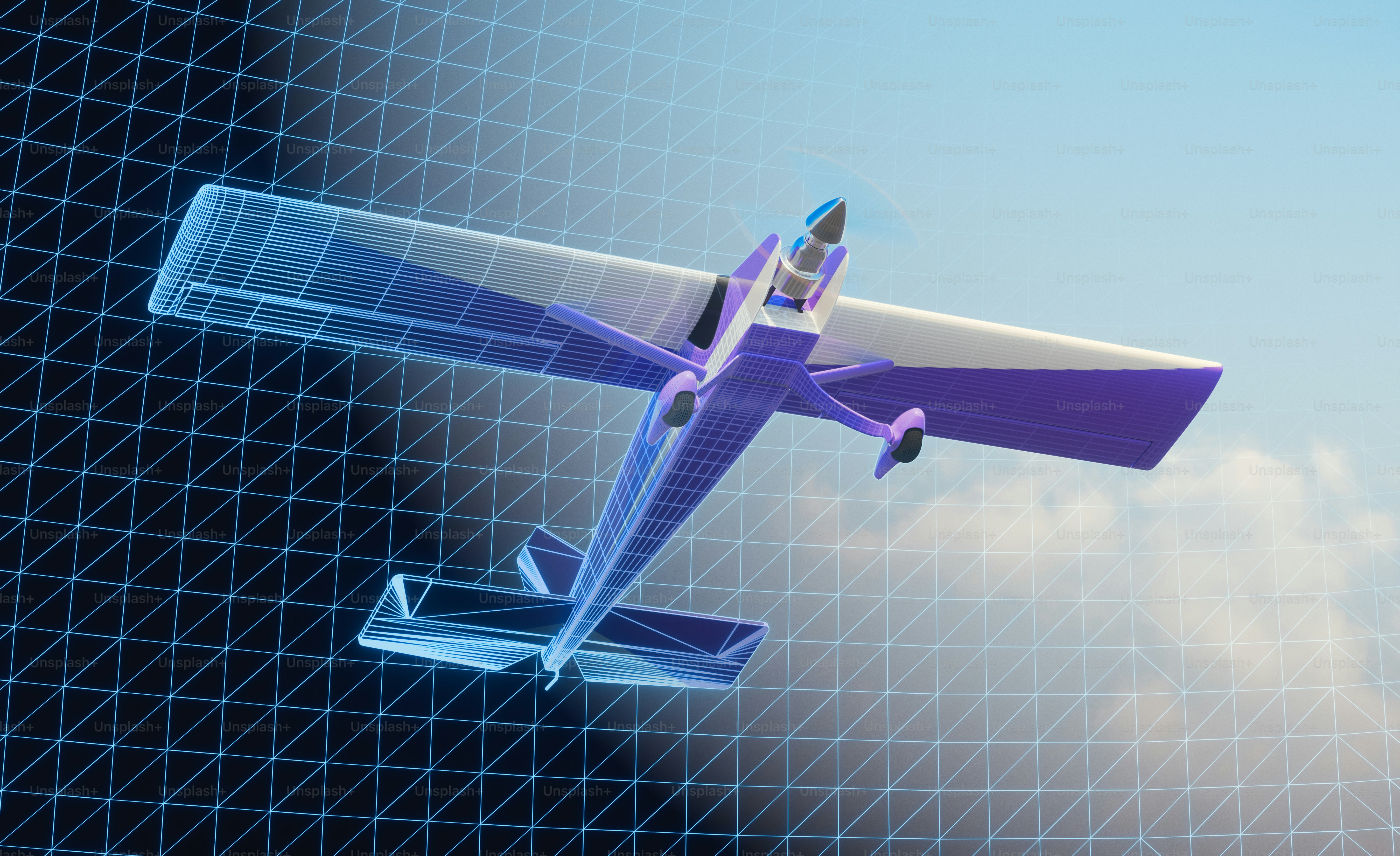 Wireframe airplane flying through digital grid in sky