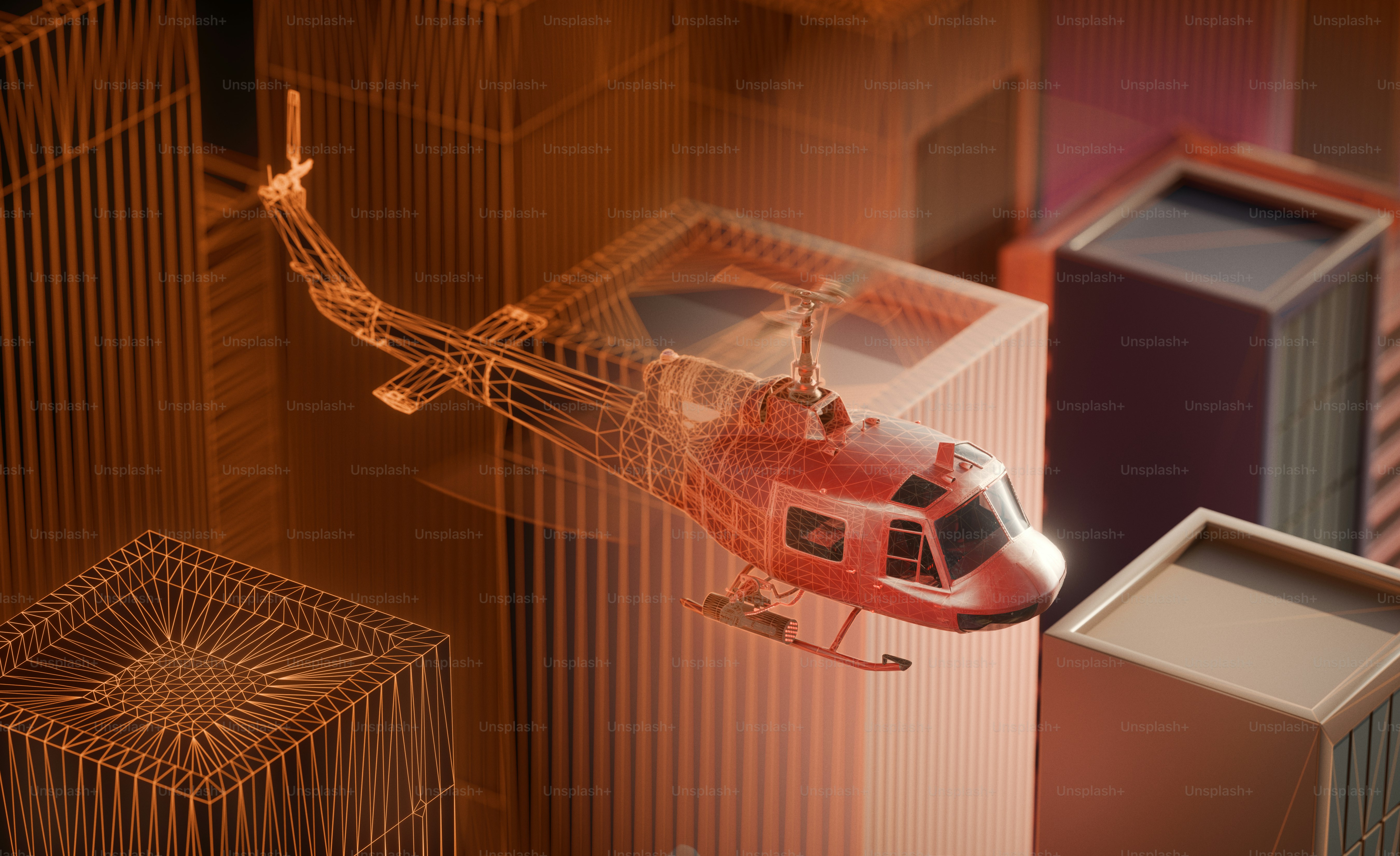 Digital wireframe helicopter hovering above stylized city skyscrapers
