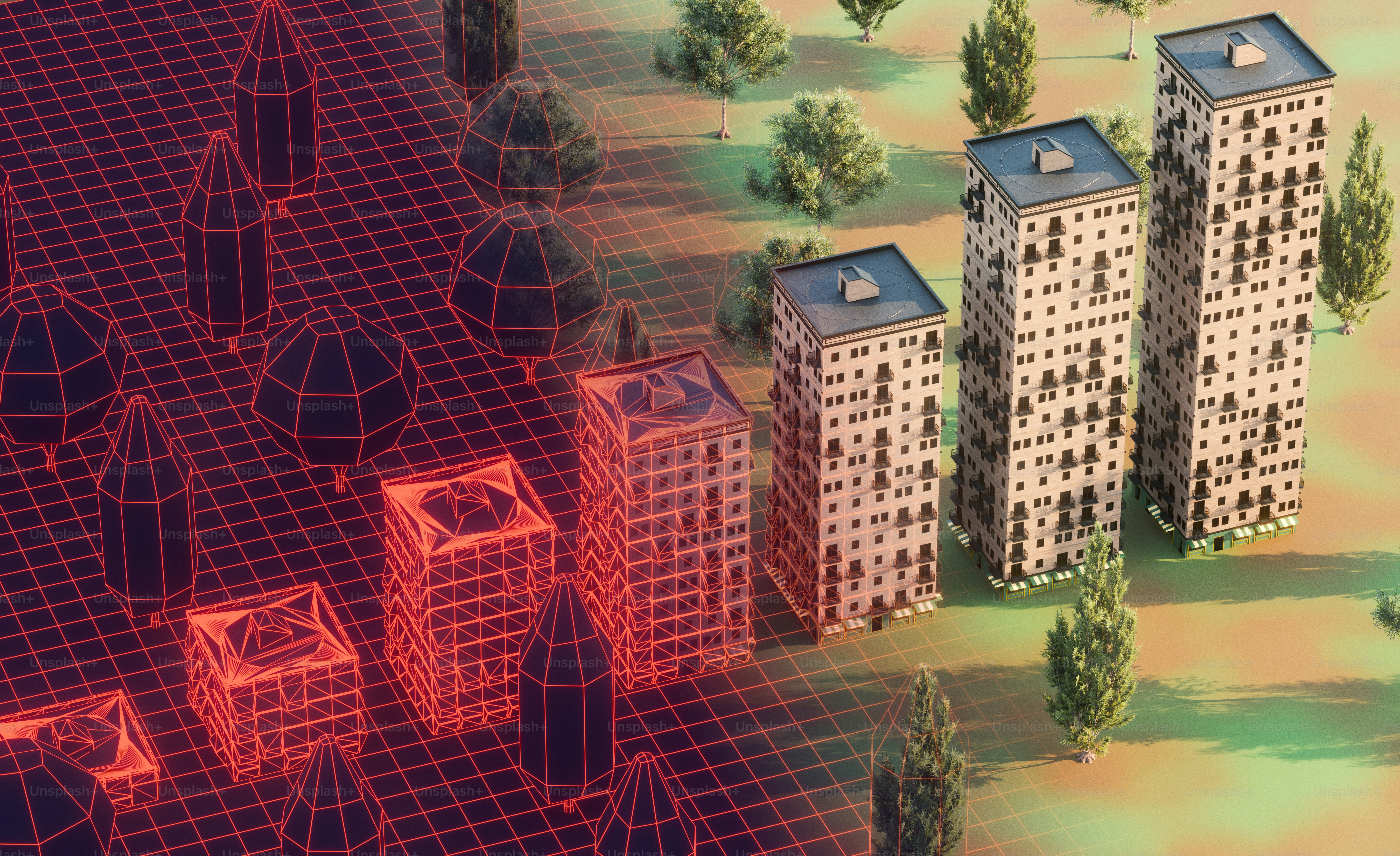 Wireframe models evolving into realistic 3D buildings and trees