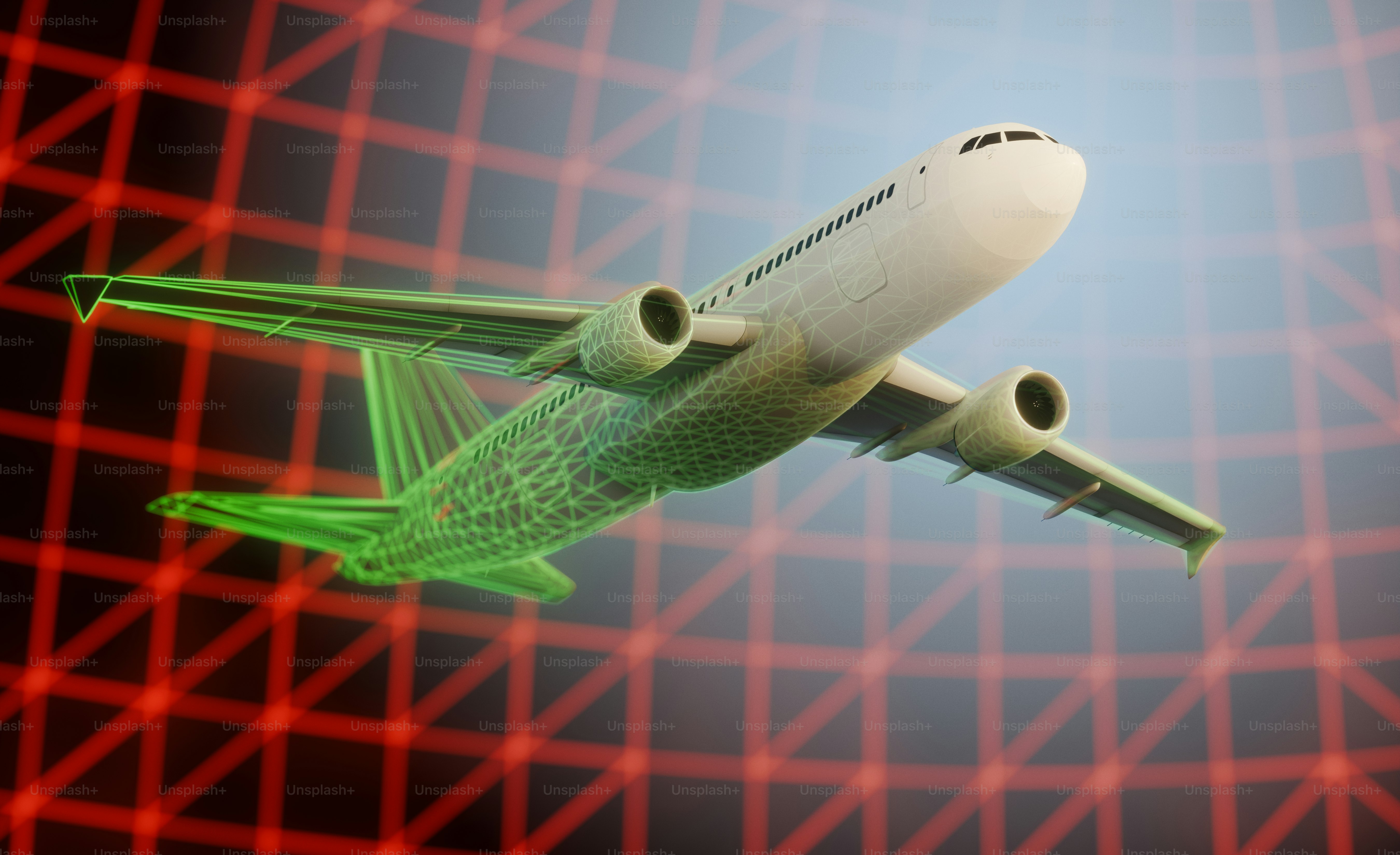 Airplane model with green wireframe on red grid