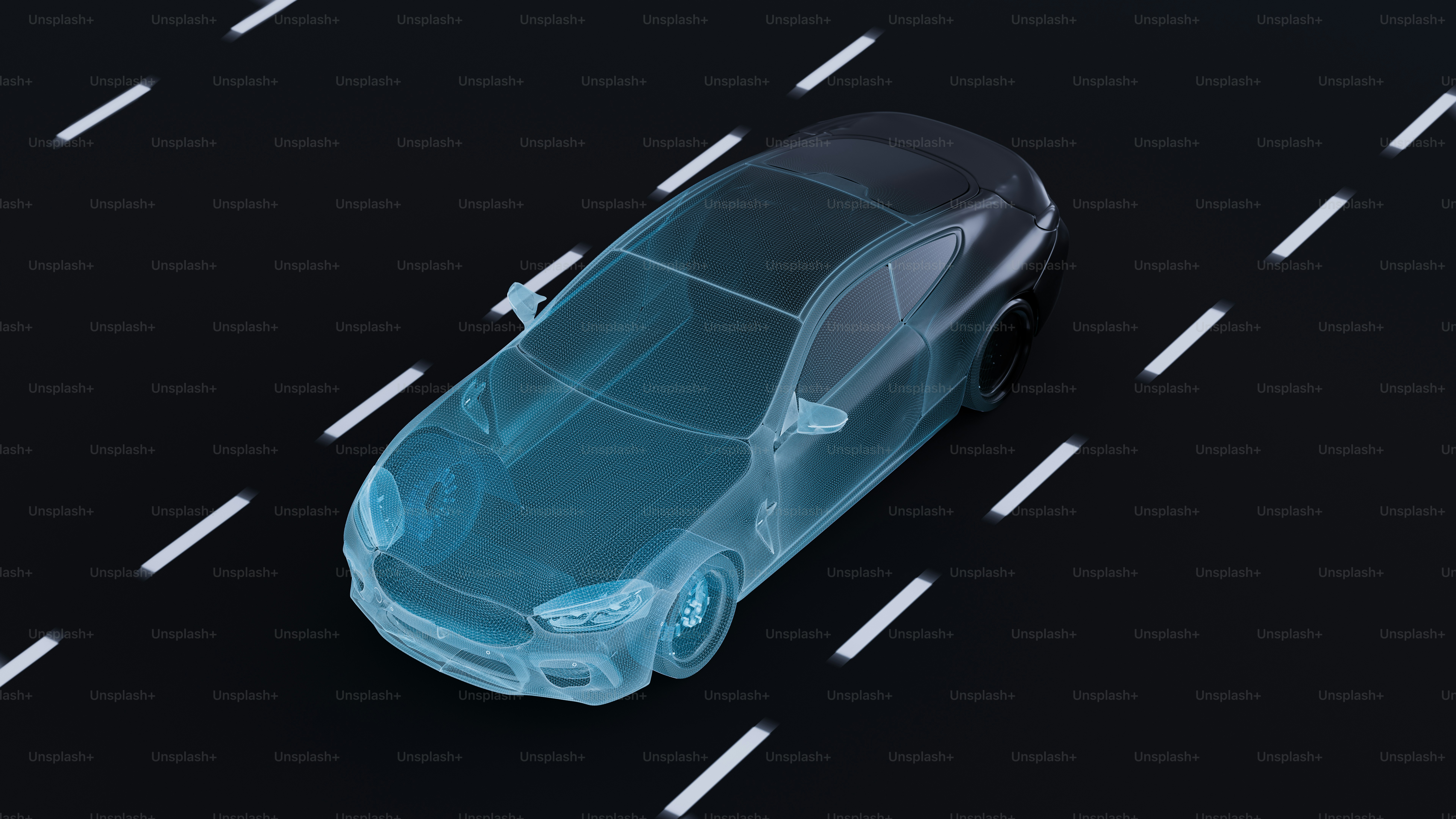 Holographic blue car driving on a dark highway