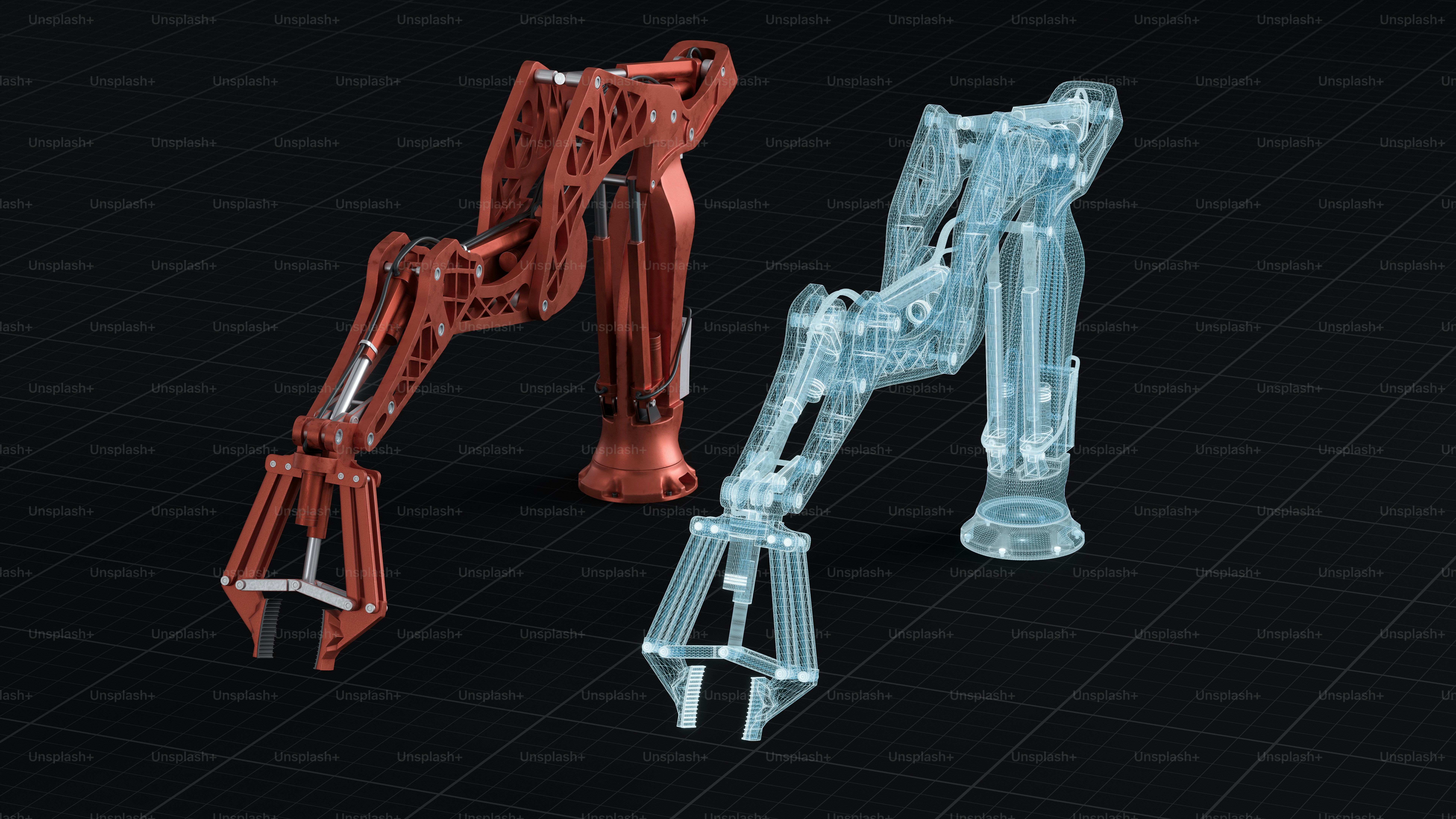 Red and translucent blue robotic arms on dark grid