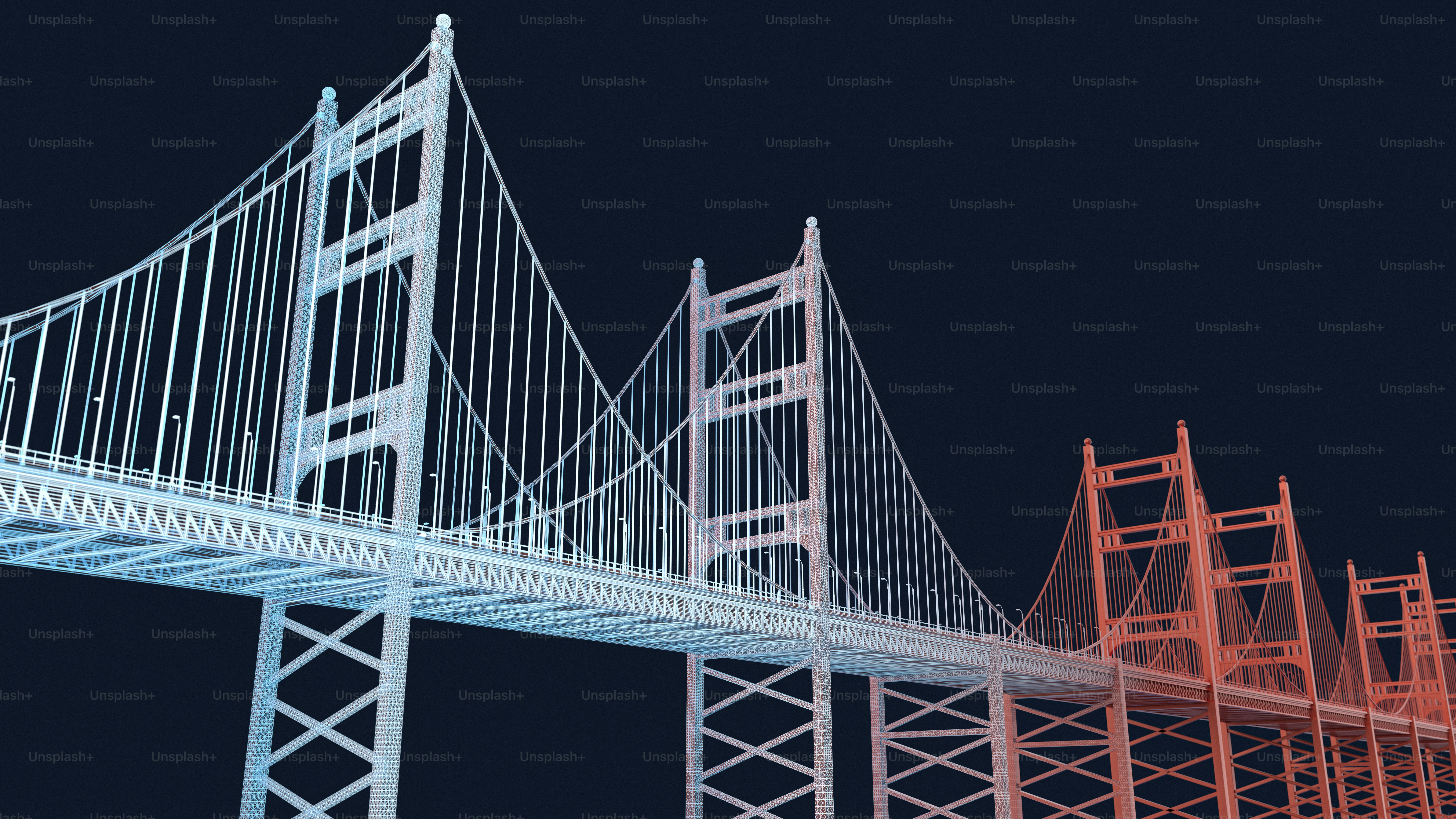 Wireframe suspension bridge glowing blue and red