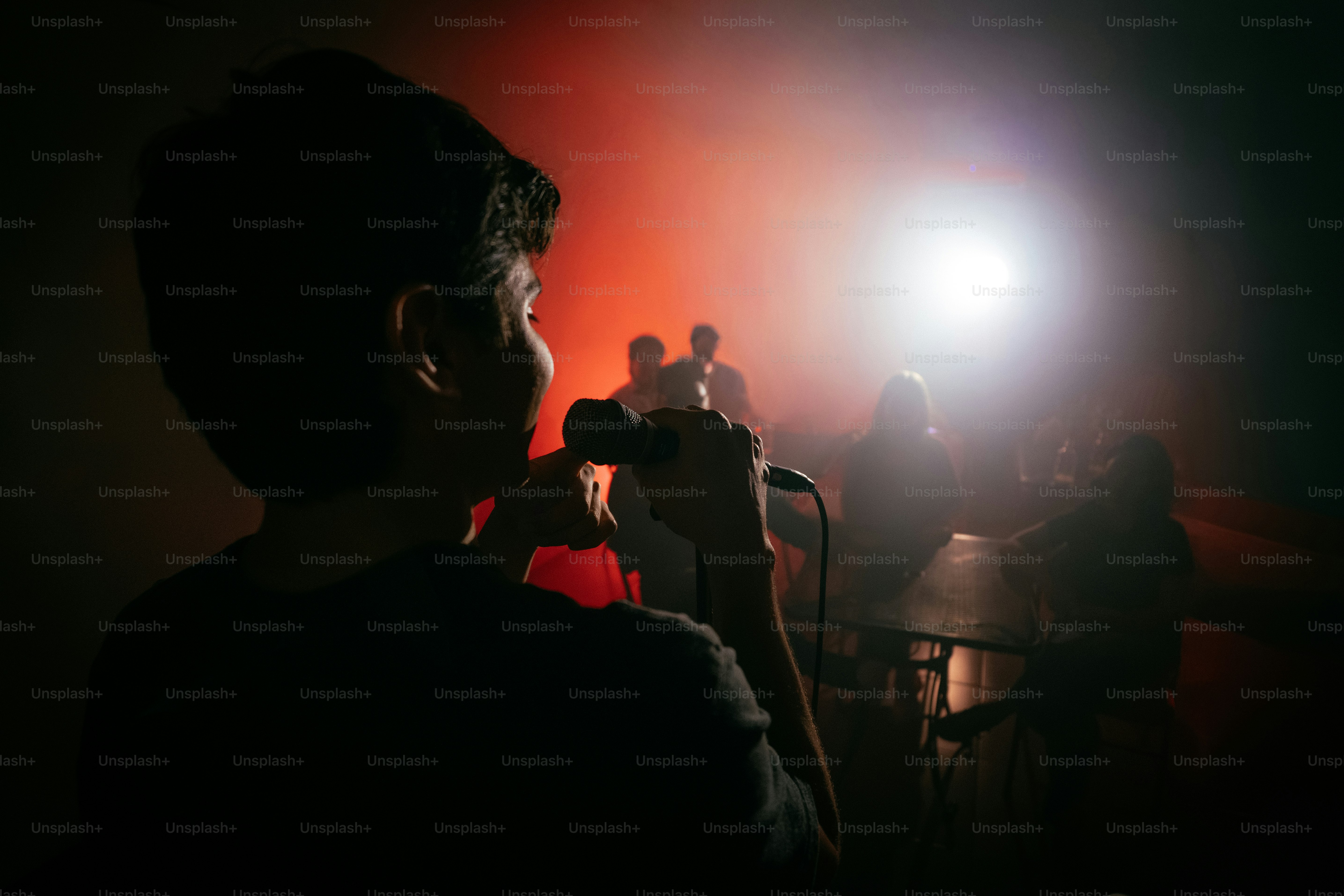 Person holding microphone under bright stage lights