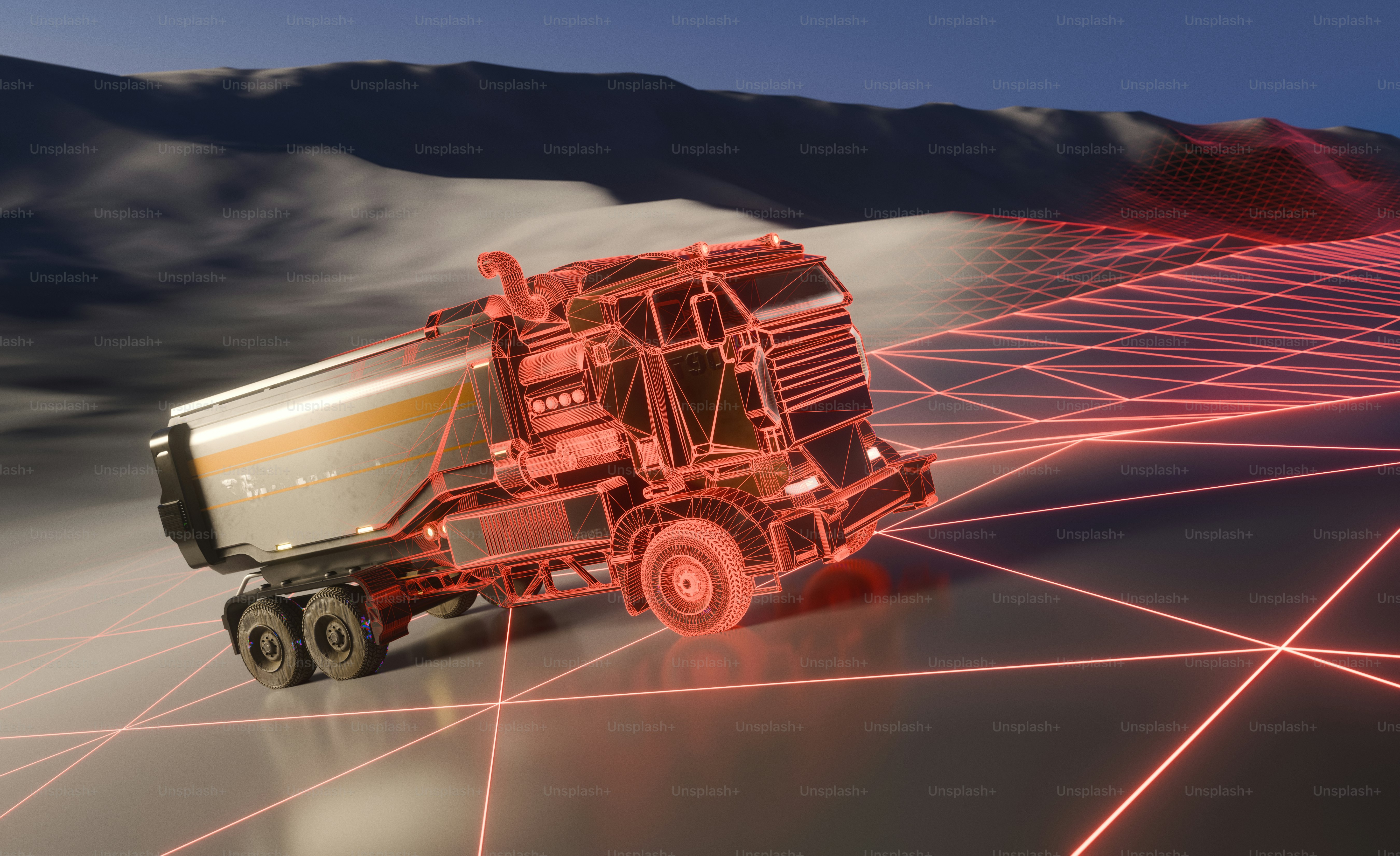 Red wireframe truck on digital grid in barren terrain