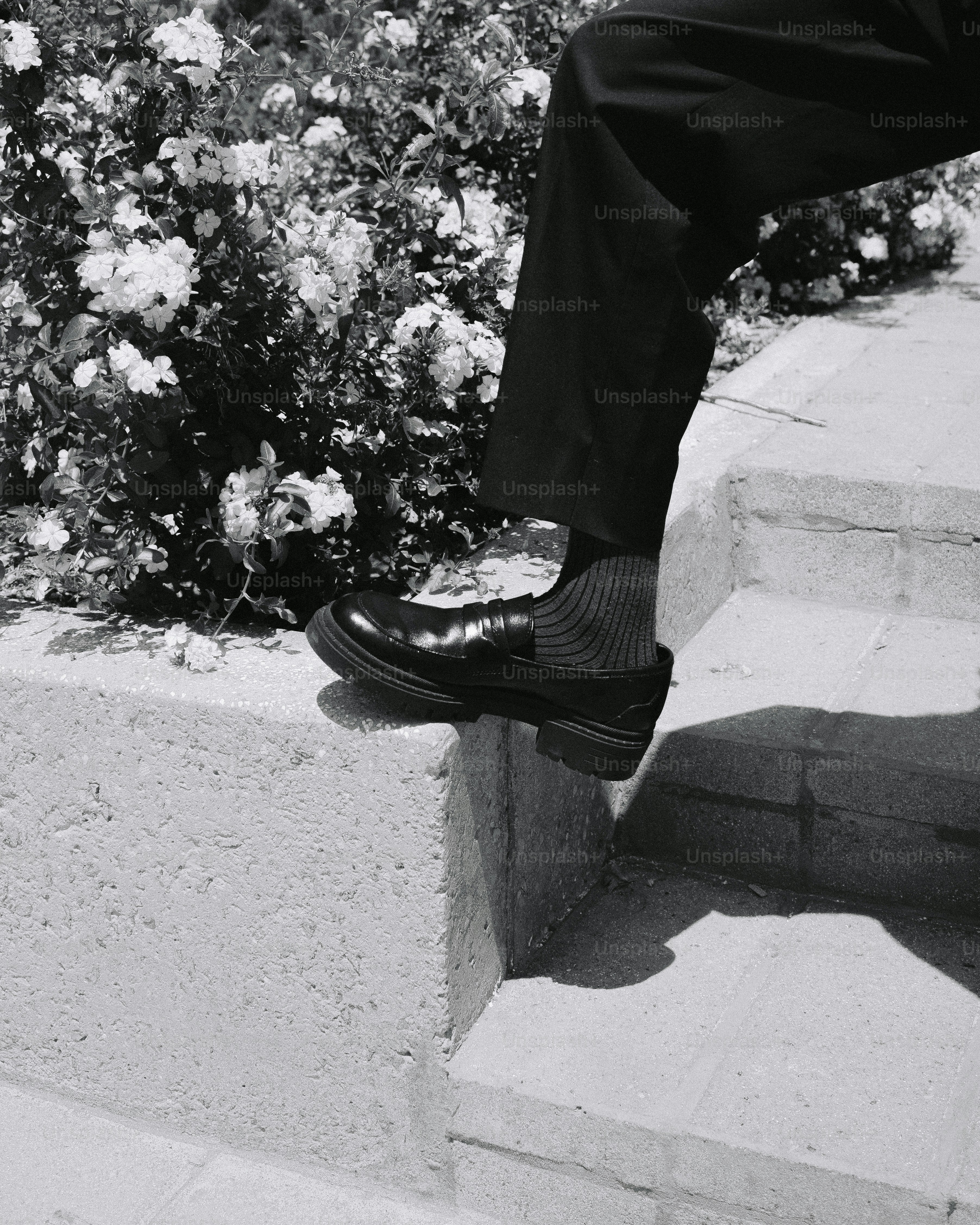 Loafer shoe on concrete step with flowers