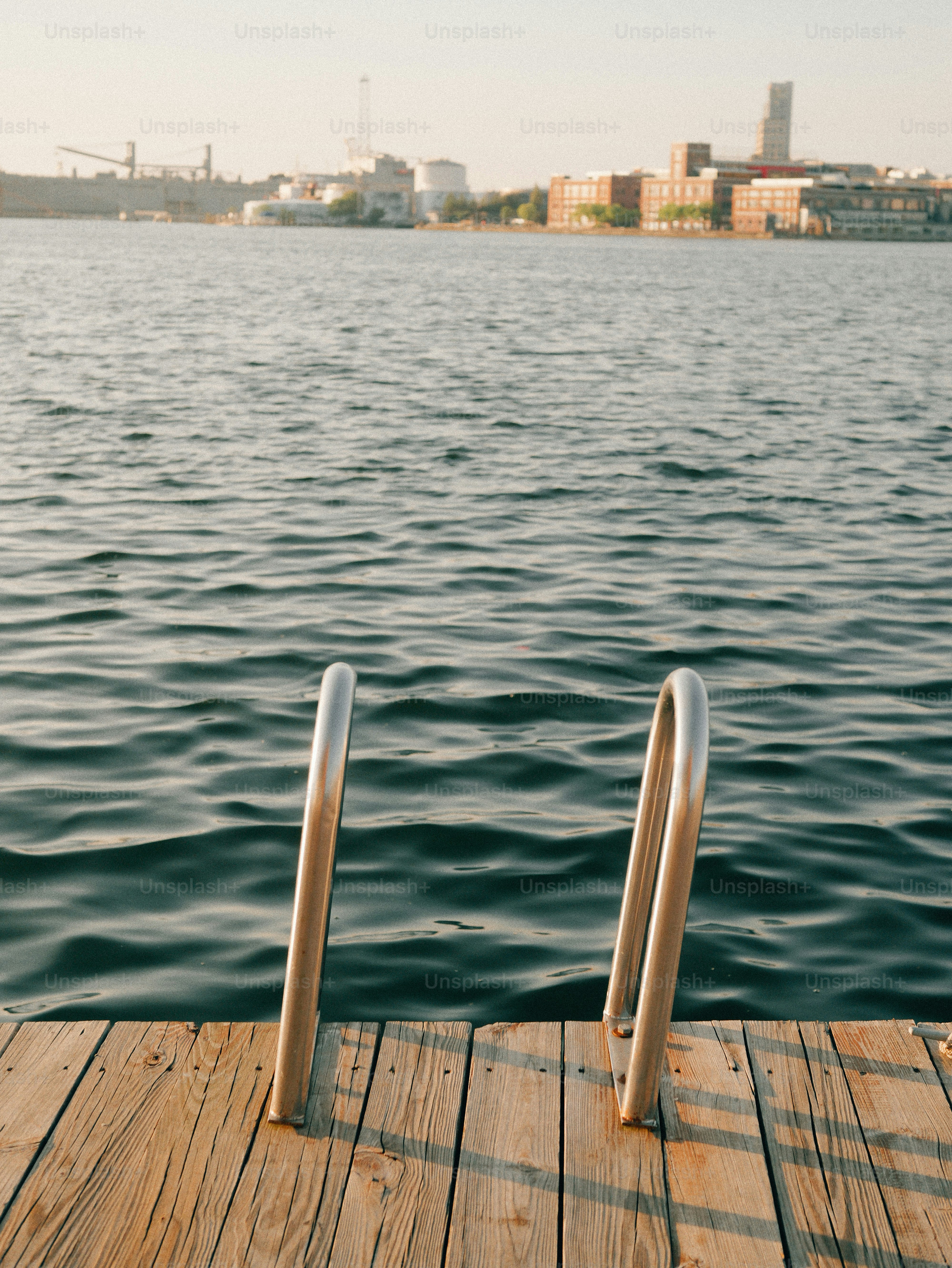 Wooden dock ladder into calm harbor, distant city skyline.
