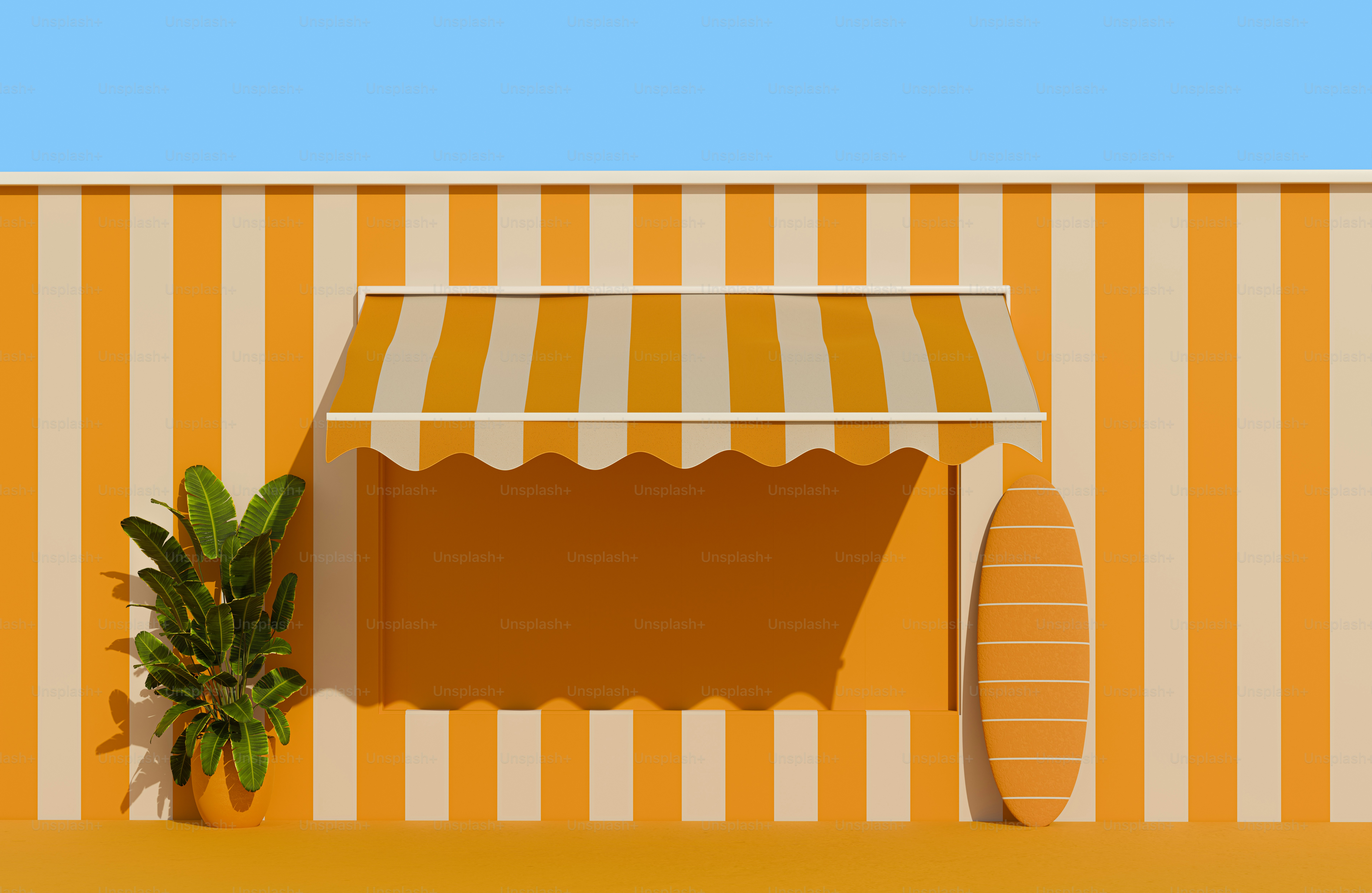 Summer storefront with striped awning, plant, and surfboard