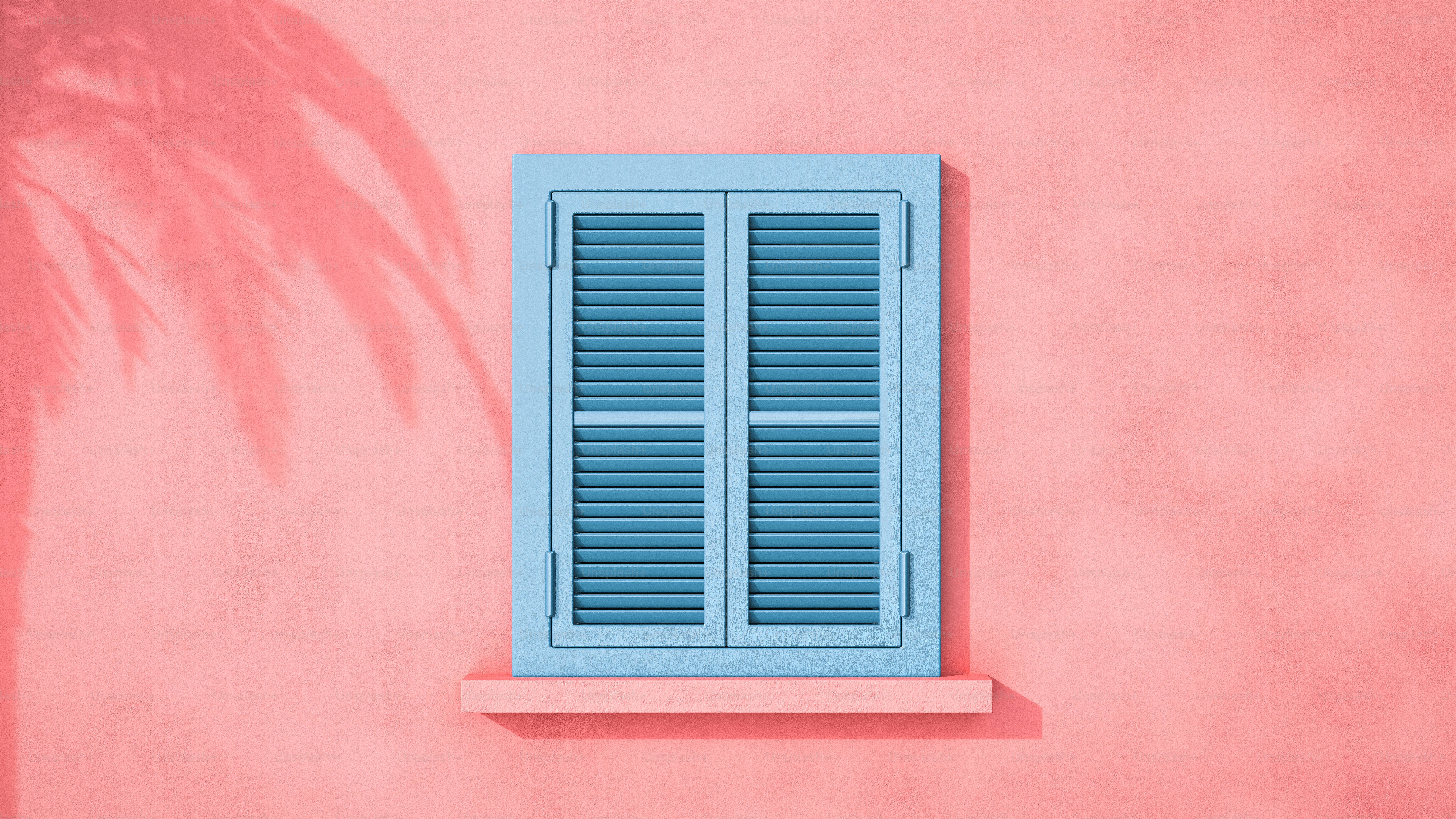 Blue window shutters on pink wall, palm shadow