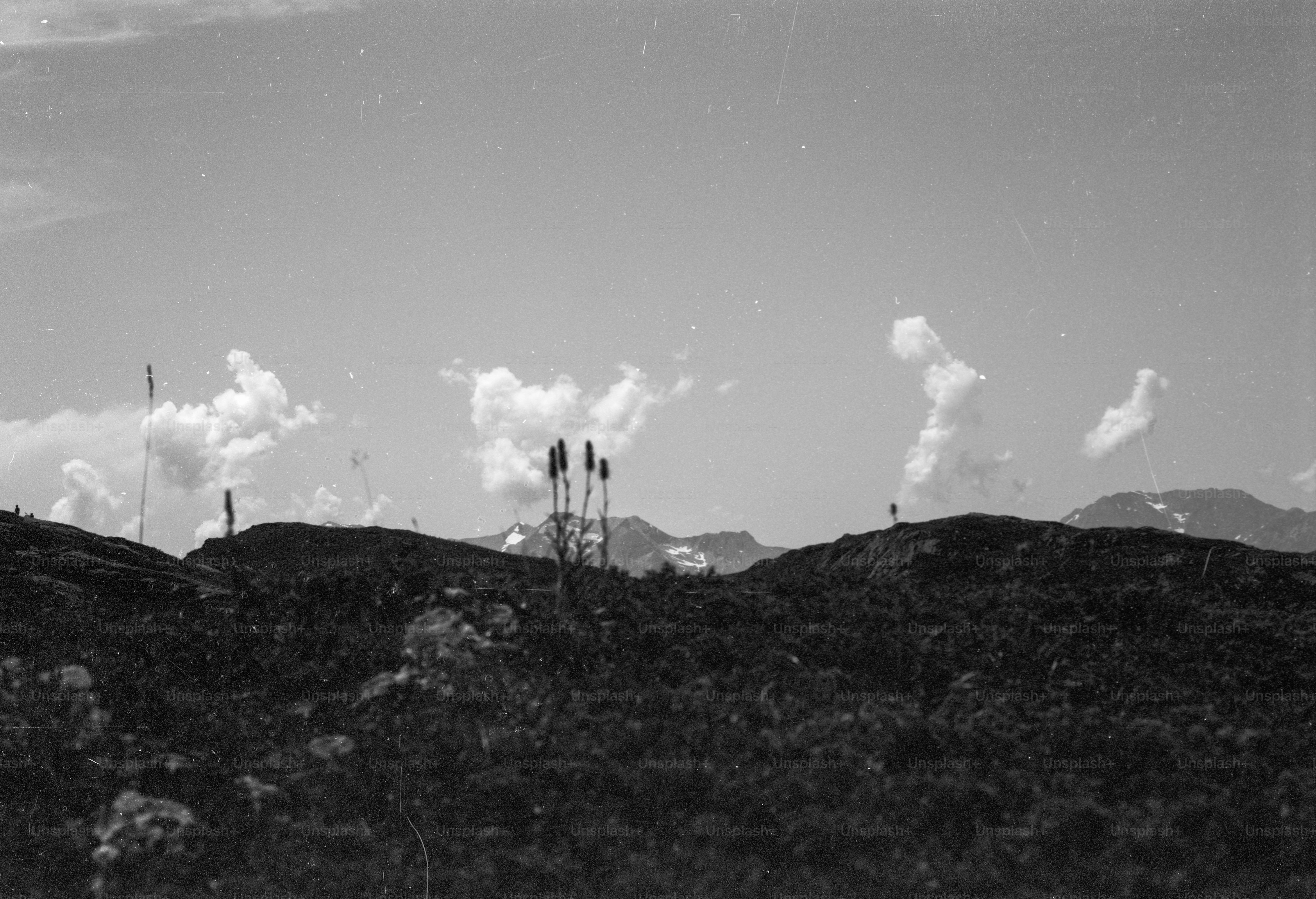 Monochrome landscape with hills and distant structure