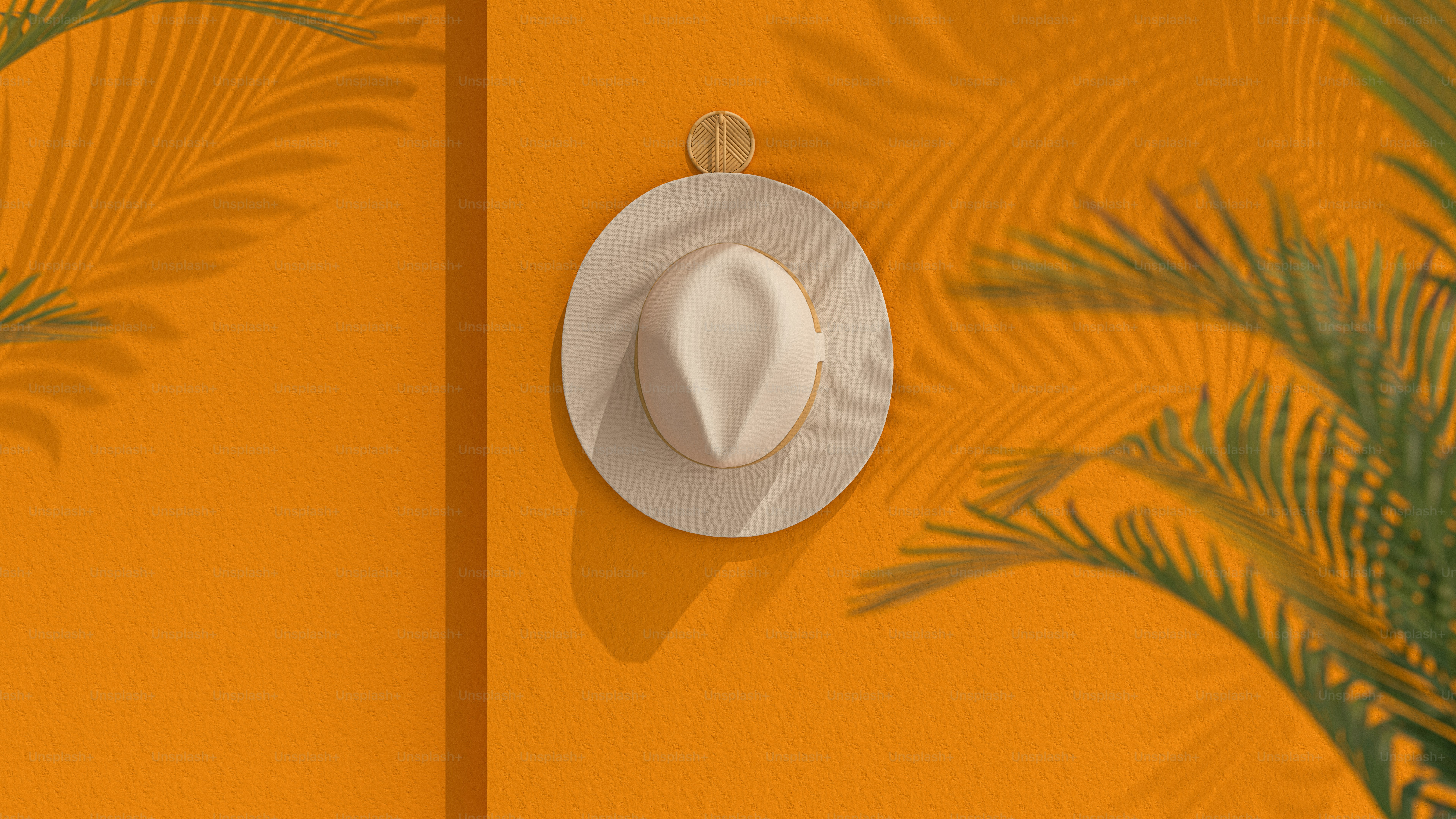 White hat on orange wall with palm shadows