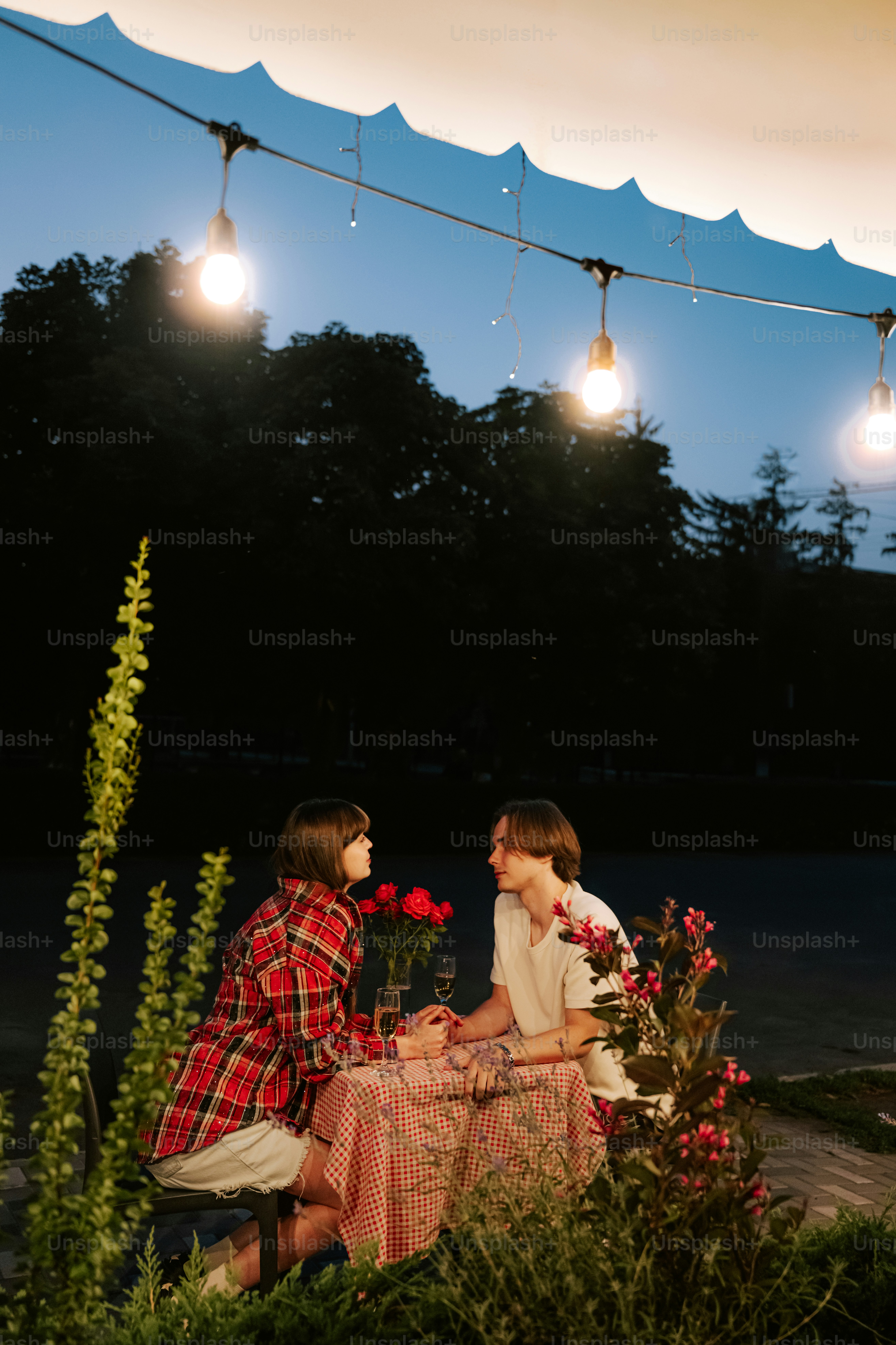Couple holding hands on romantic outdoor date
