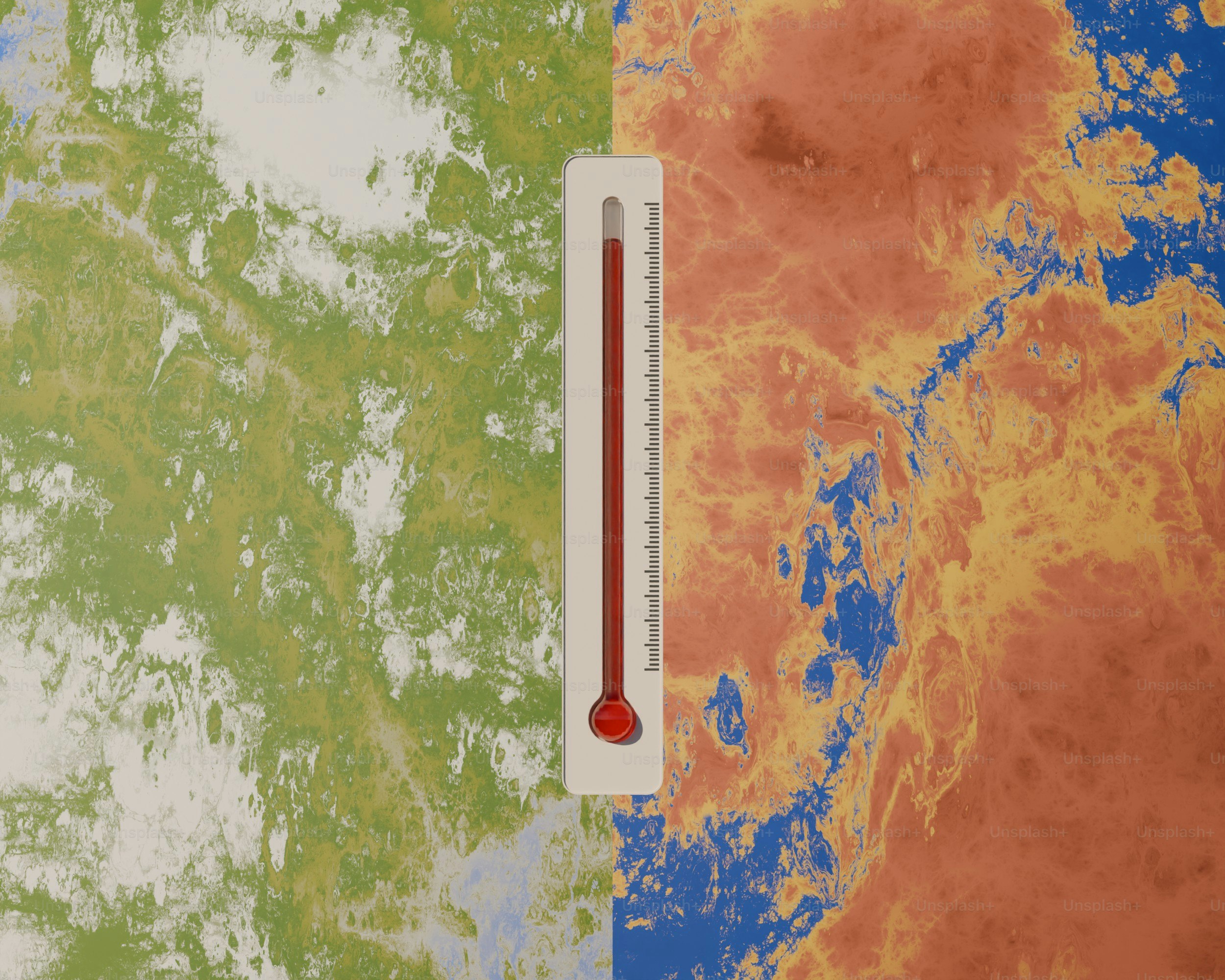 Thermometer on contrasting green and red-orange earth surfaces