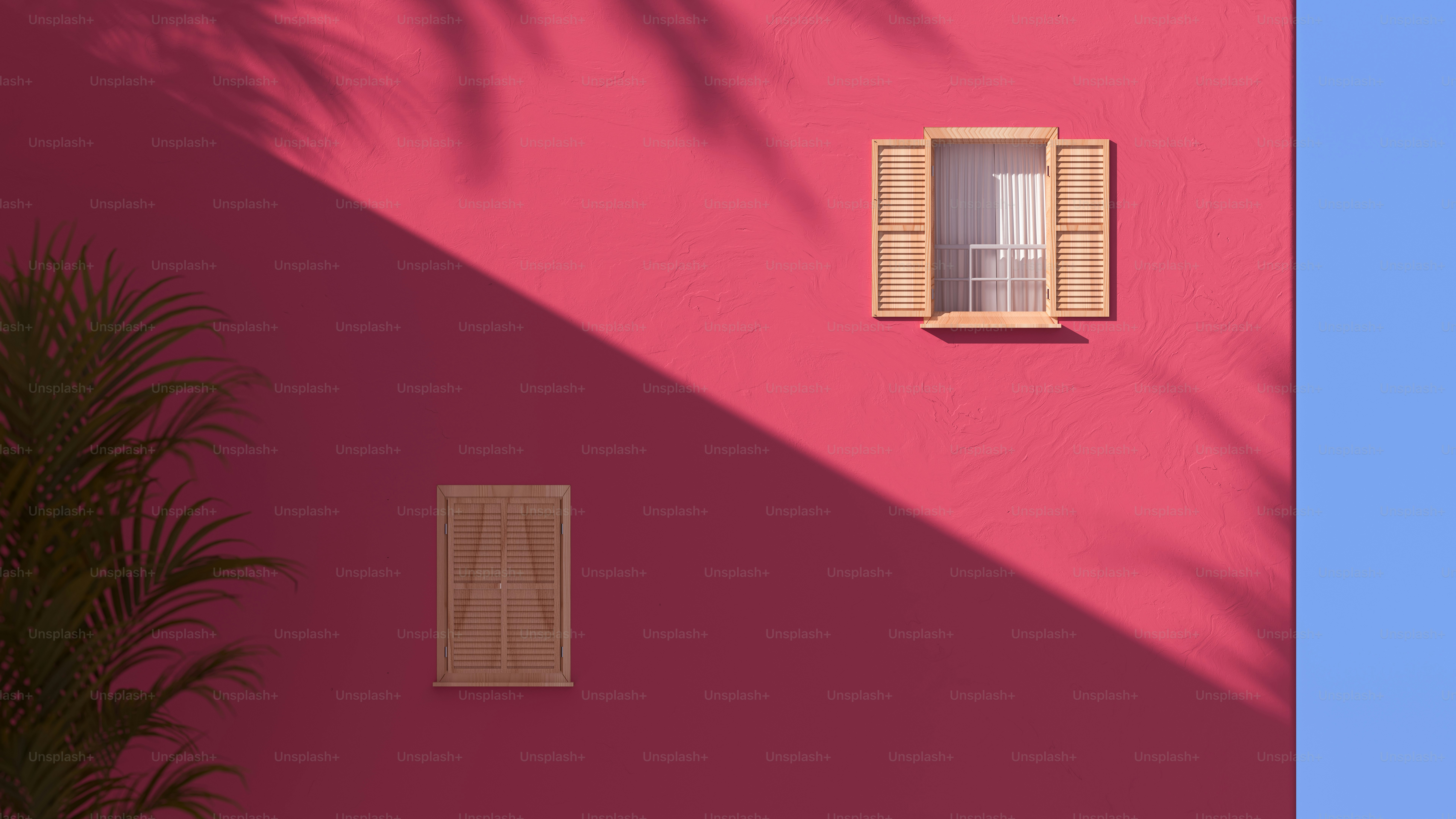 Pink wall with open window and palm leaf shadows