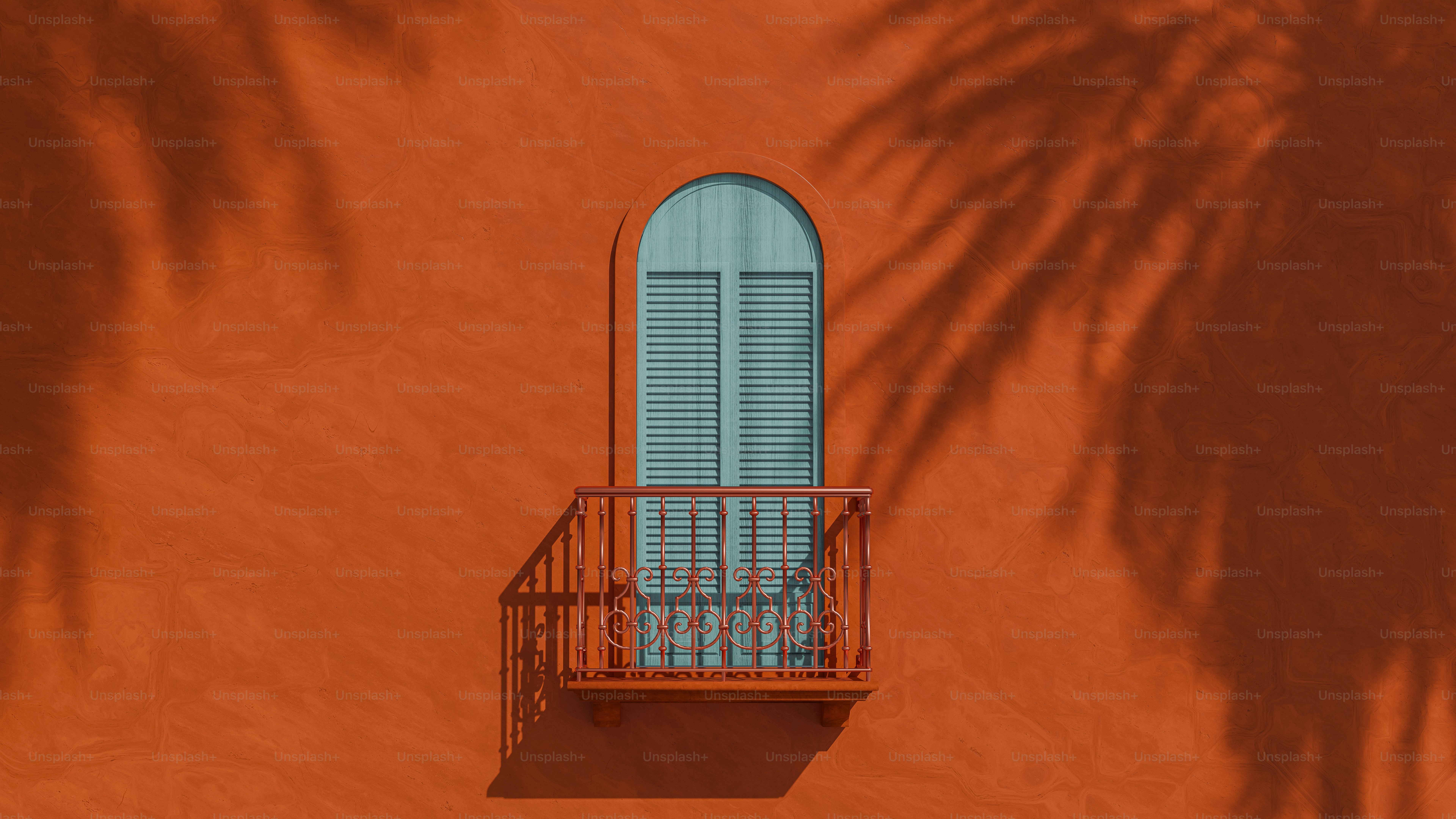 Orange wall, blue arched window, balcony, and palm shadows