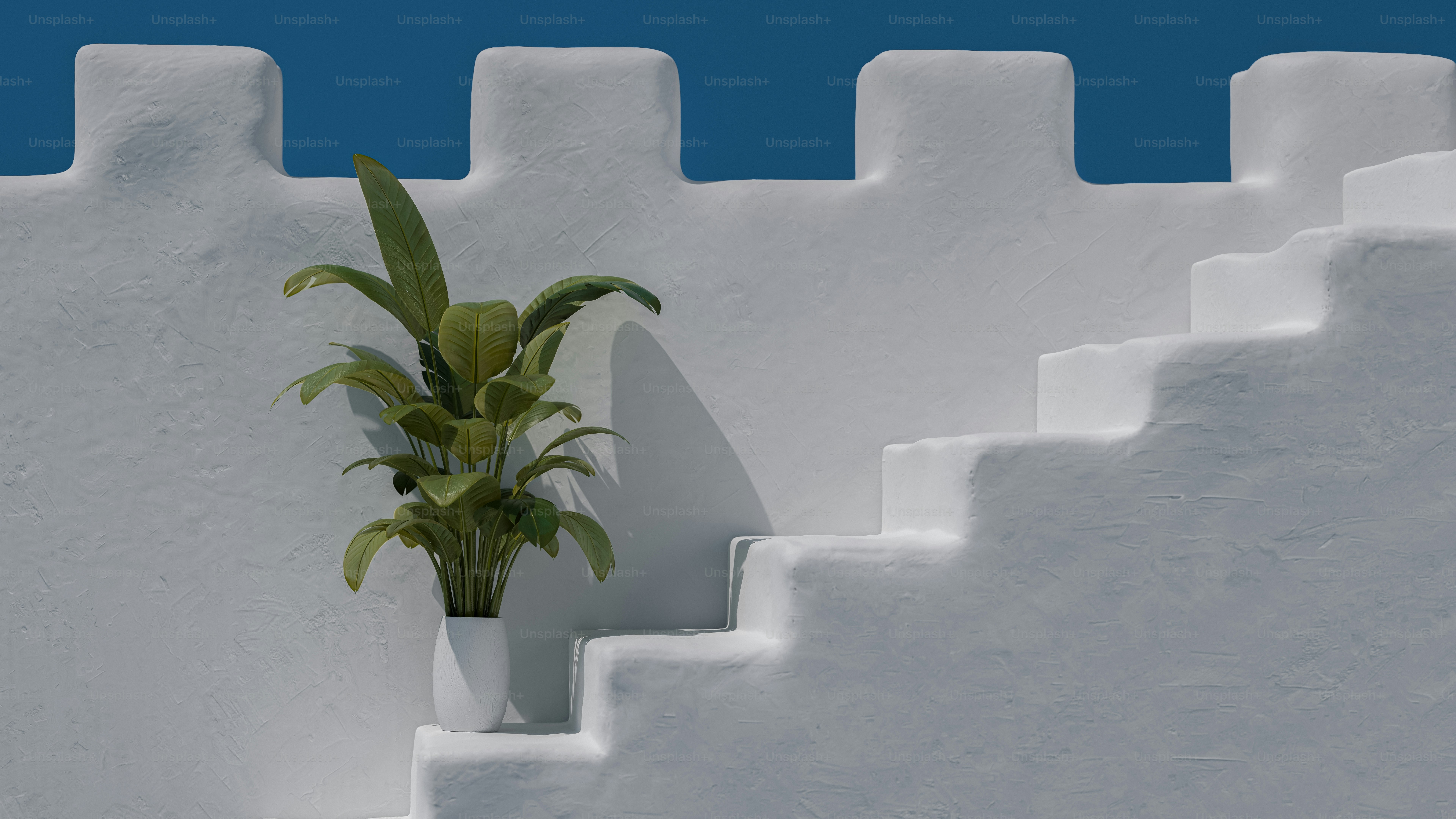 White architectural stairs, green plant, blue sky