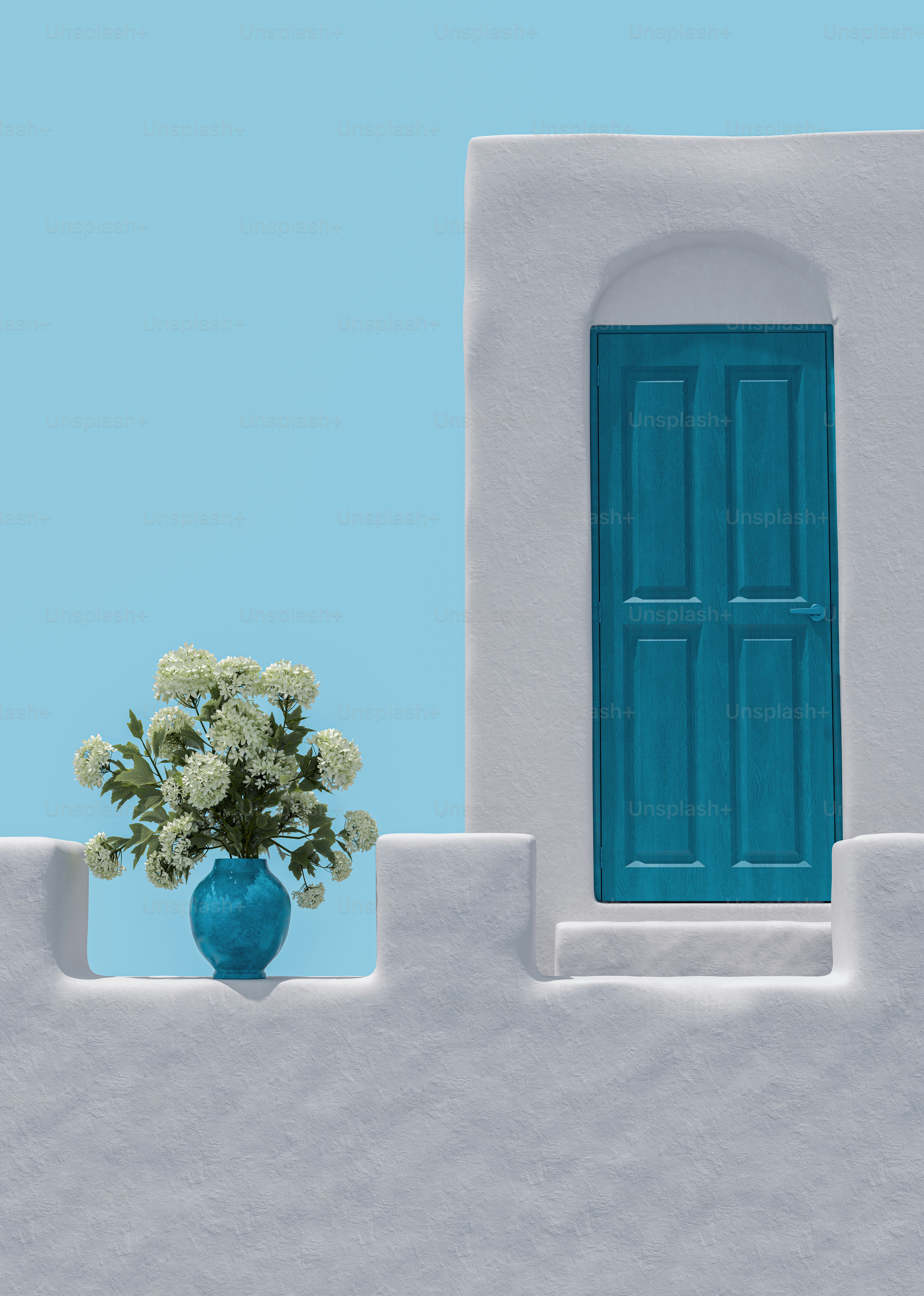 Blue door and white flowers on traditional building
