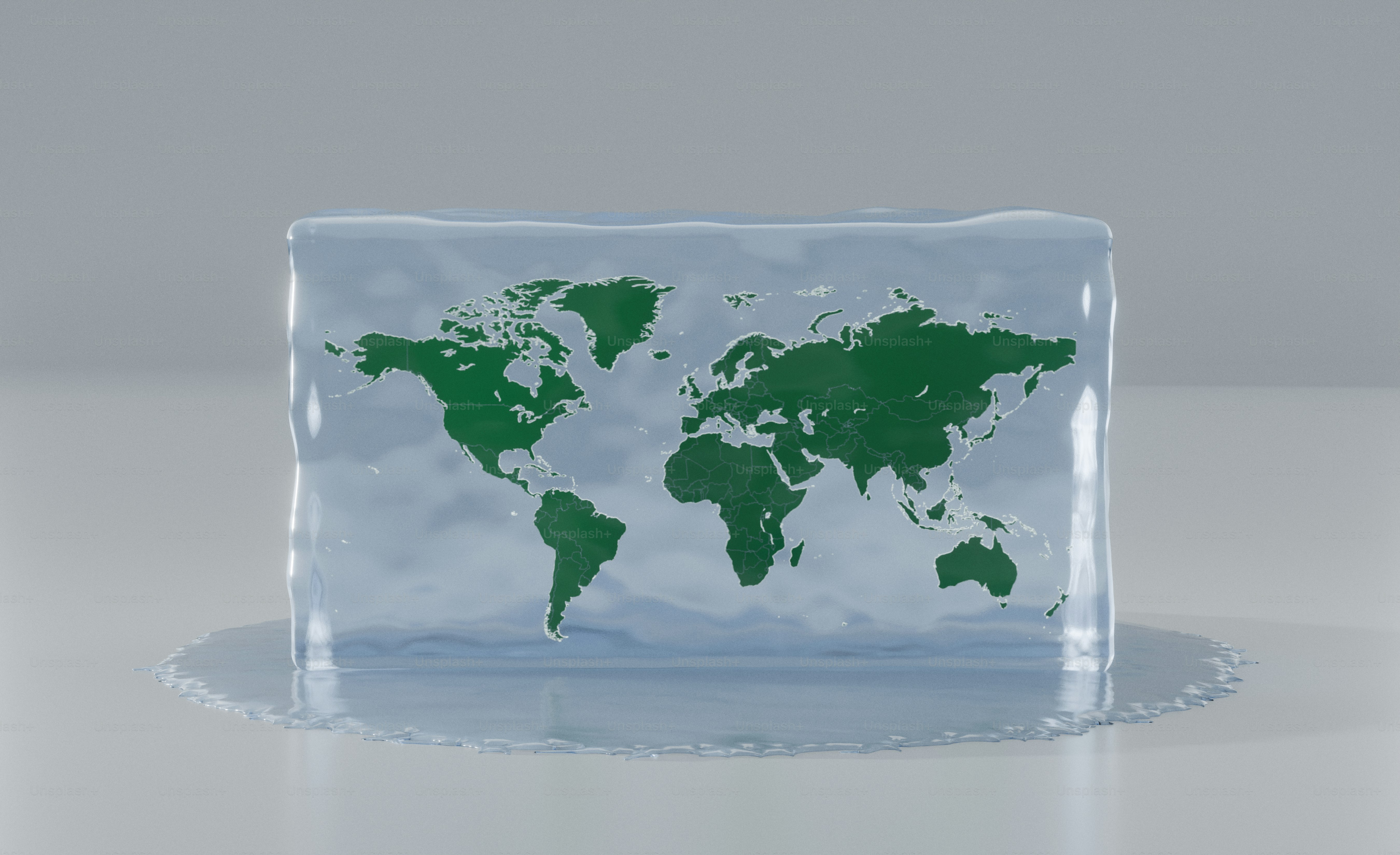 World map frozen in a melting ice cube