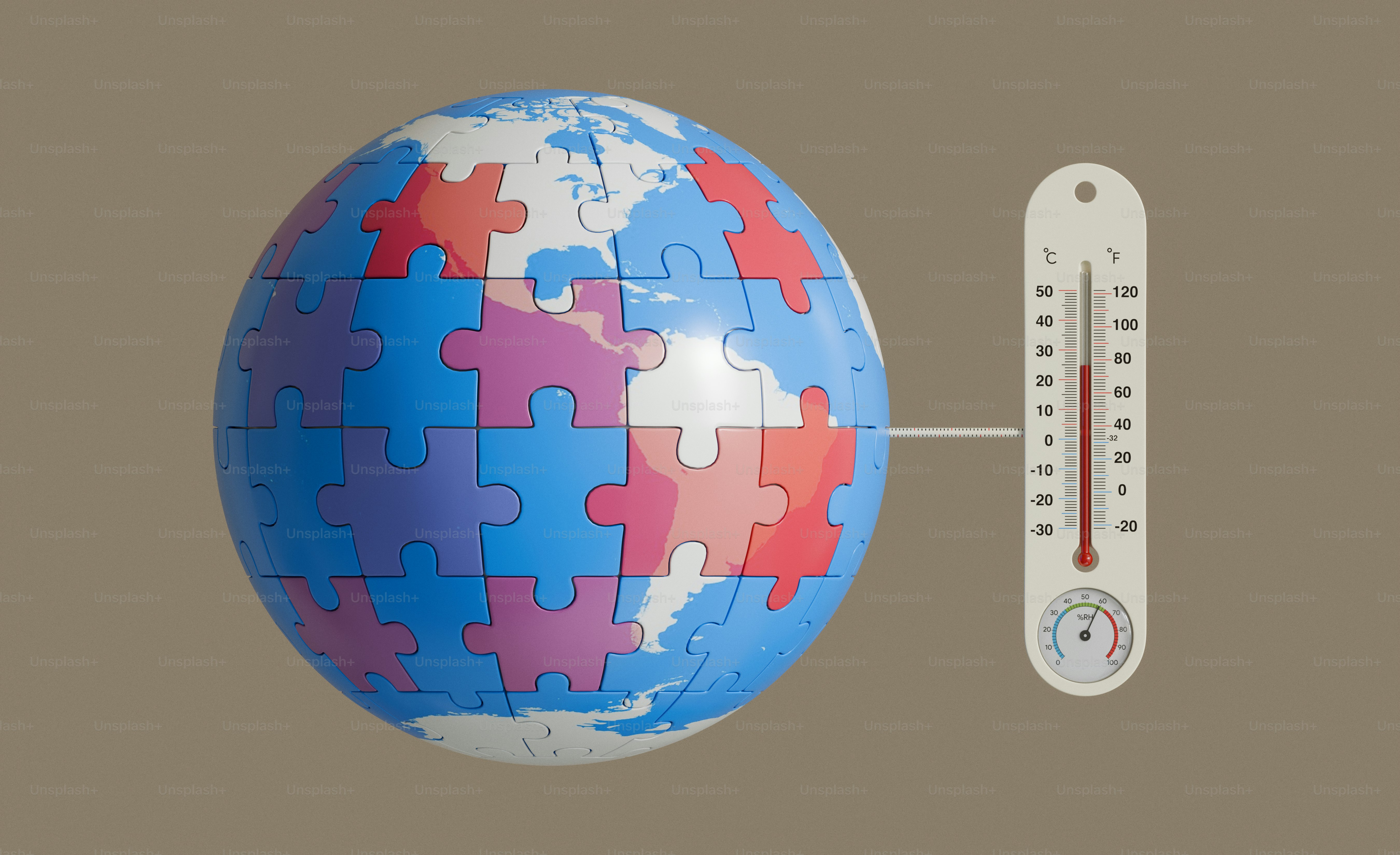 Puzzle globe and thermometer symbolizing global temperature rise