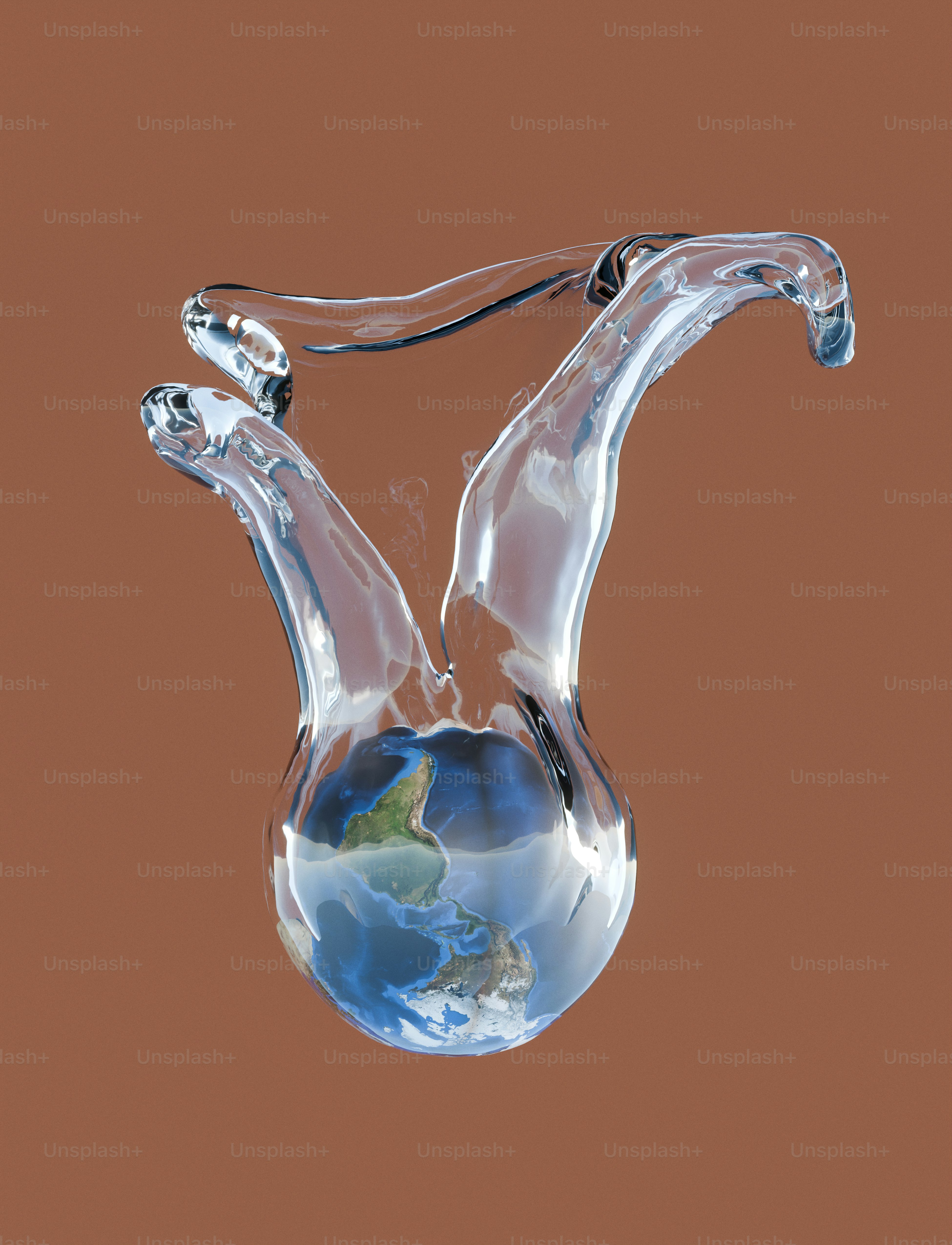 Earth globe encapsulated within a dynamic water splash