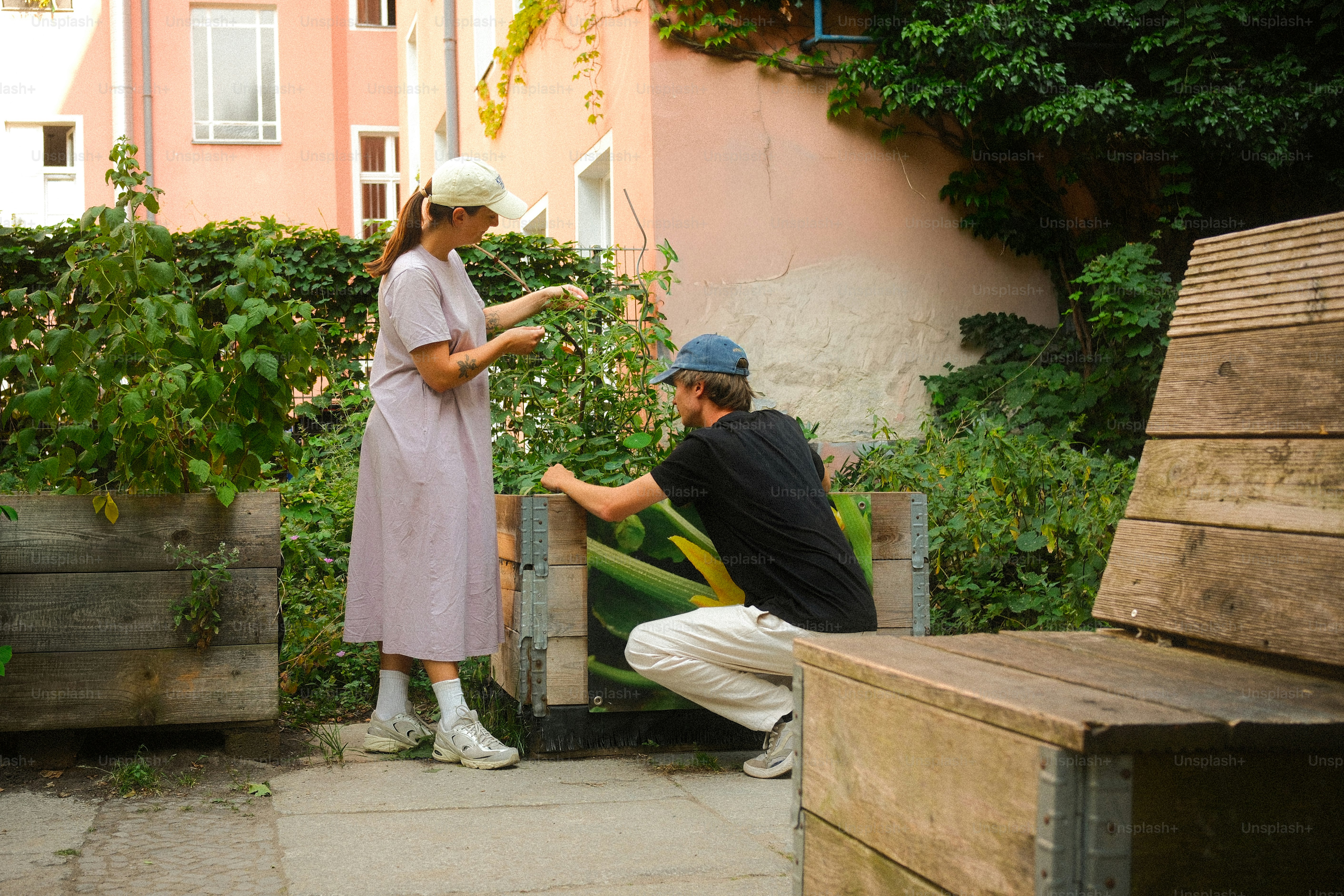Personas cuidando plantas en parterres elevados
