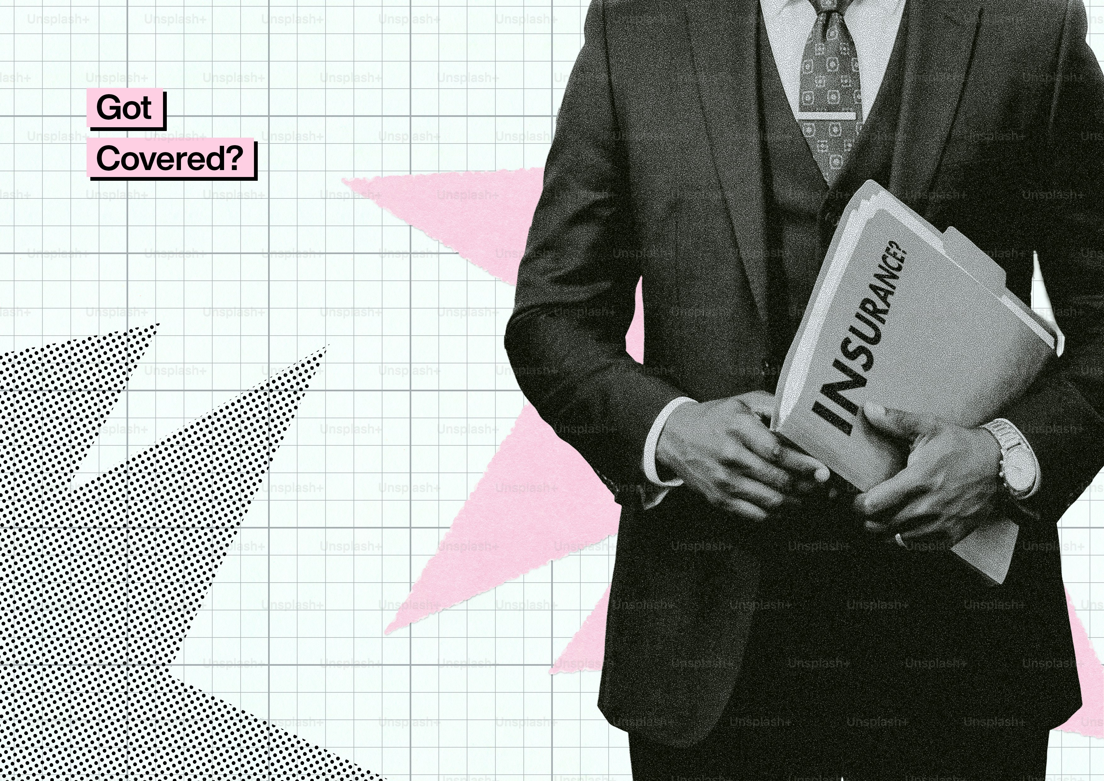 Businessman holding folder labeled 'insurance!'