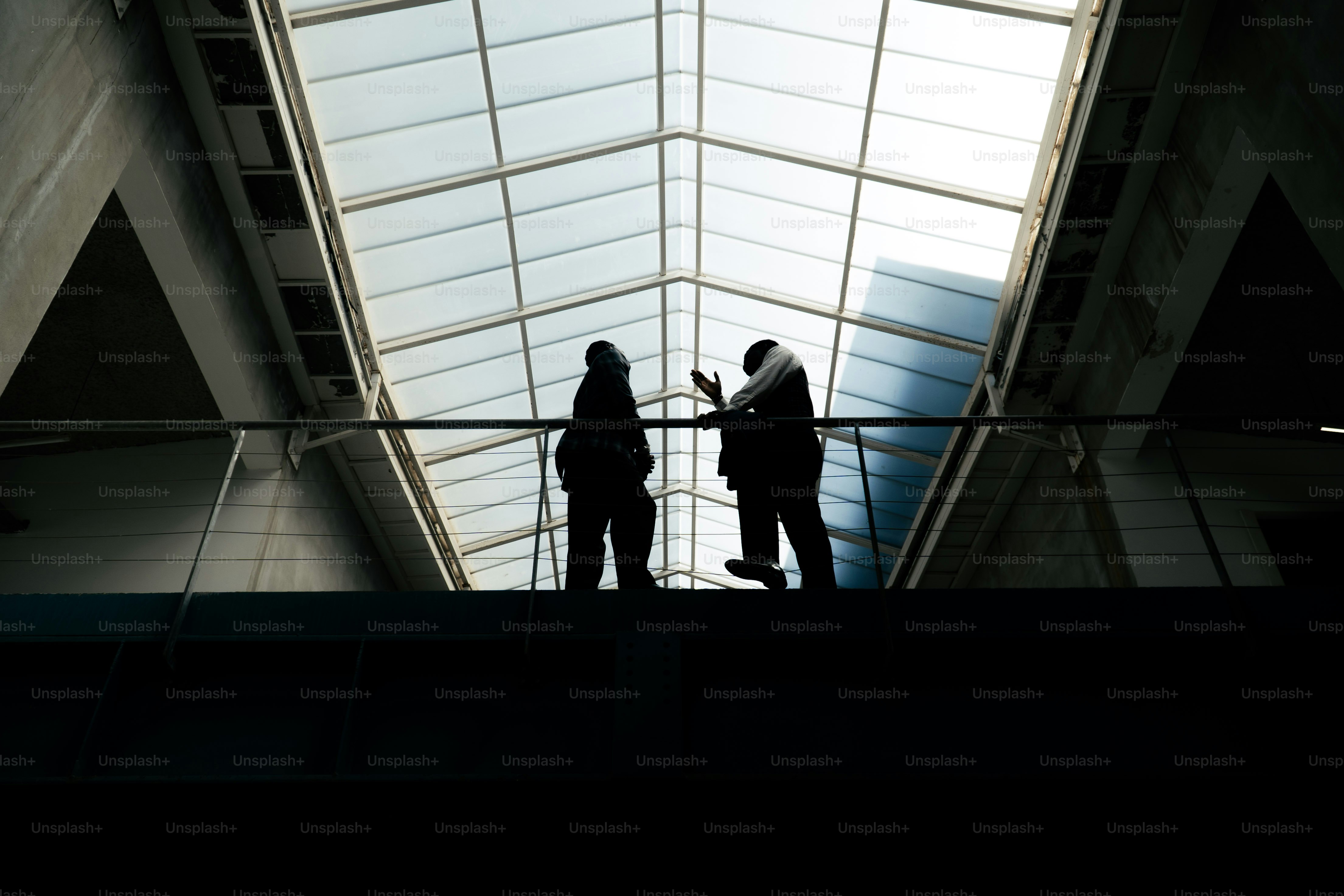 Two people silhouetted against a large skylight