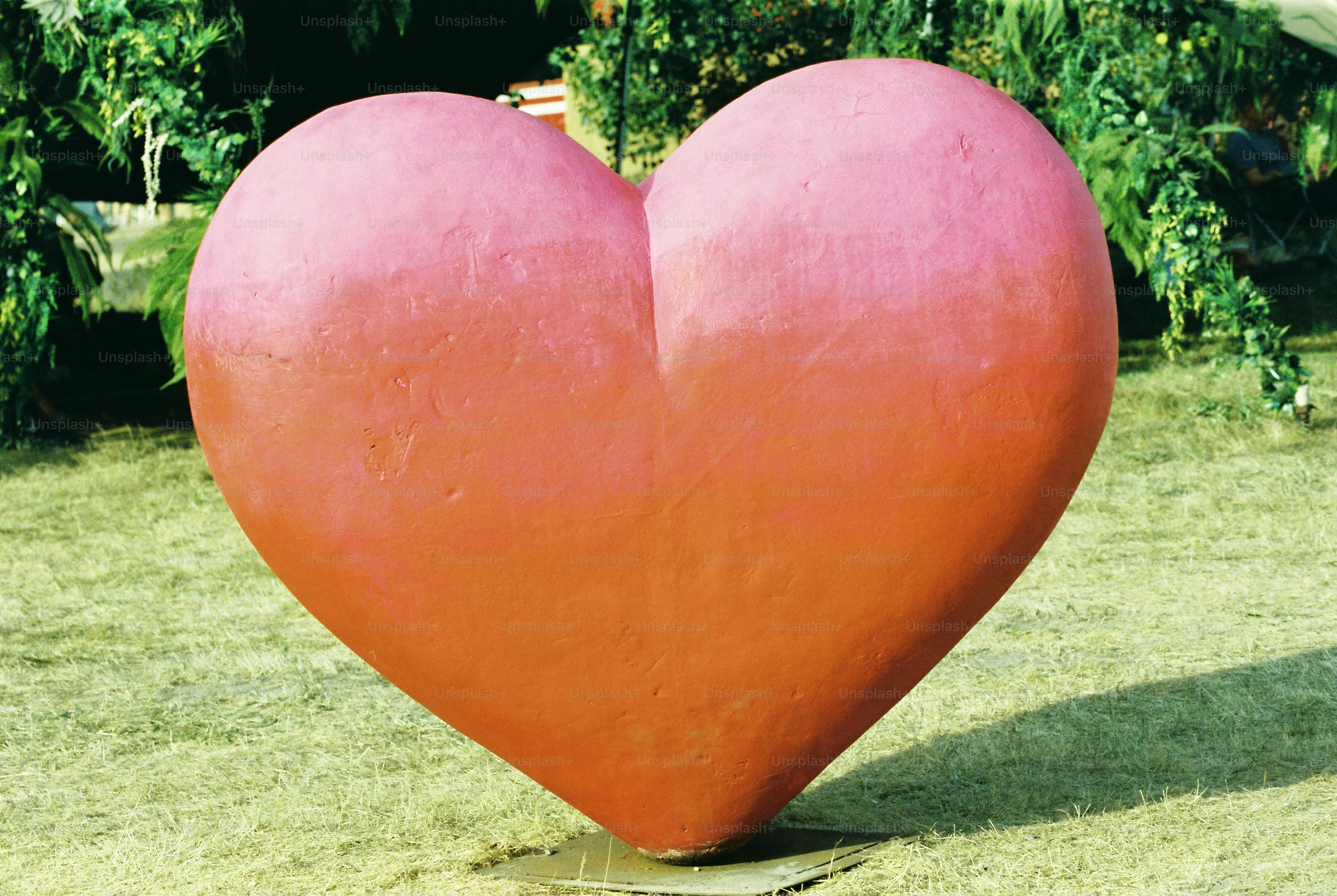 Sculpted pink and orange heart on grass, green plants