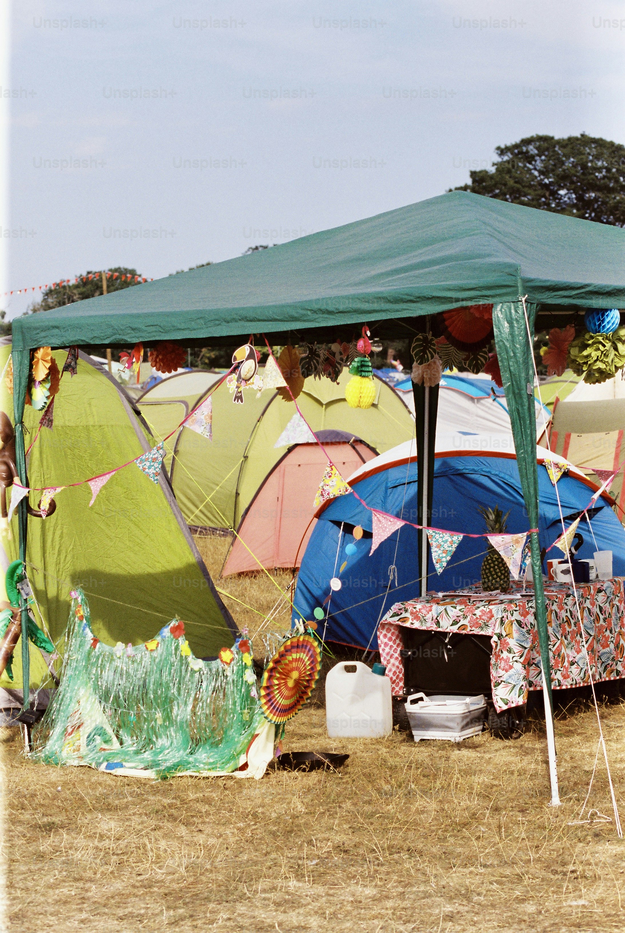 Bunting-decorated green gazebo shelters camp kitchen and tents