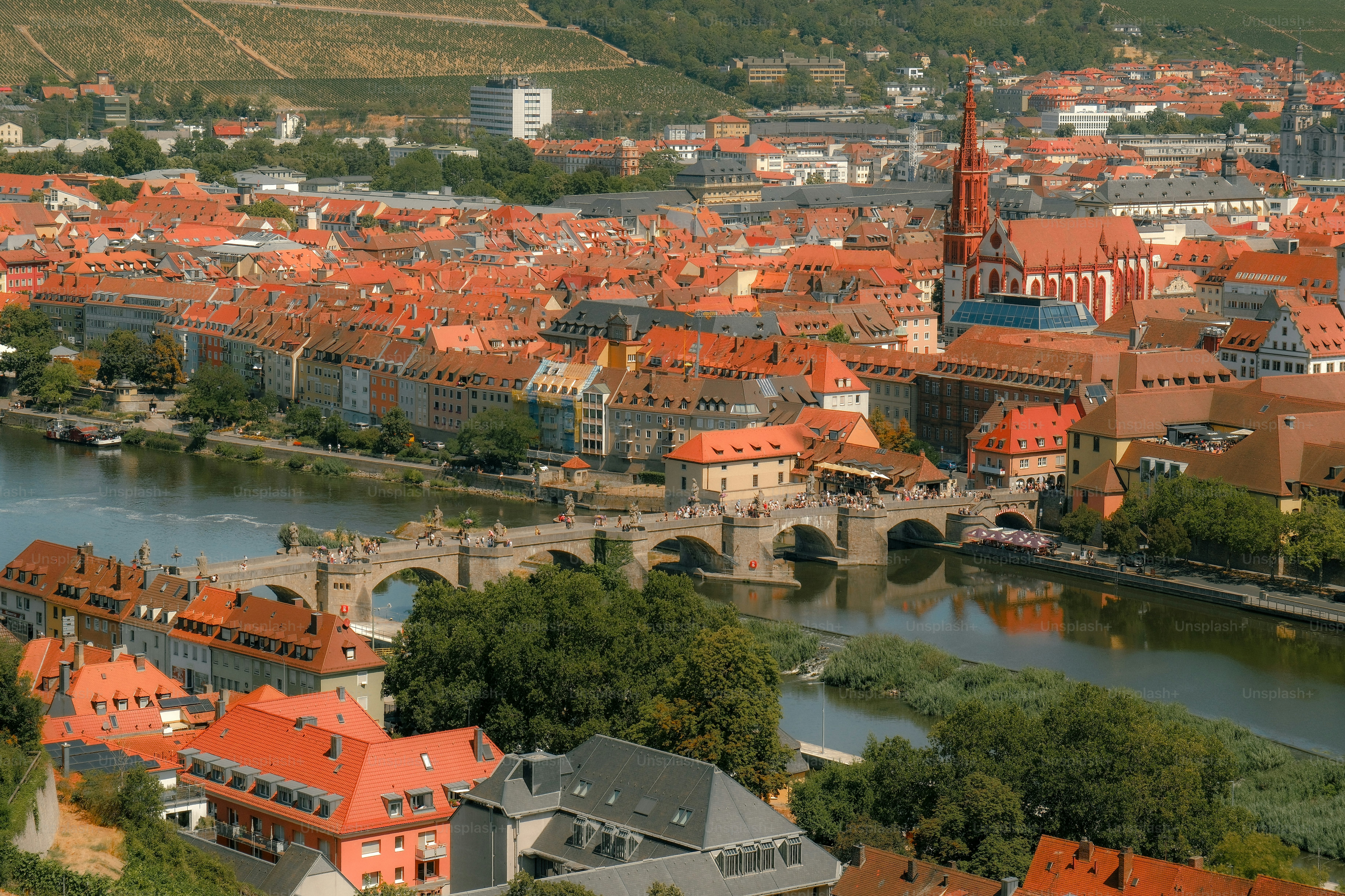 Paesaggio urbano di Würzburg lungo il fiume principale con ponte storico