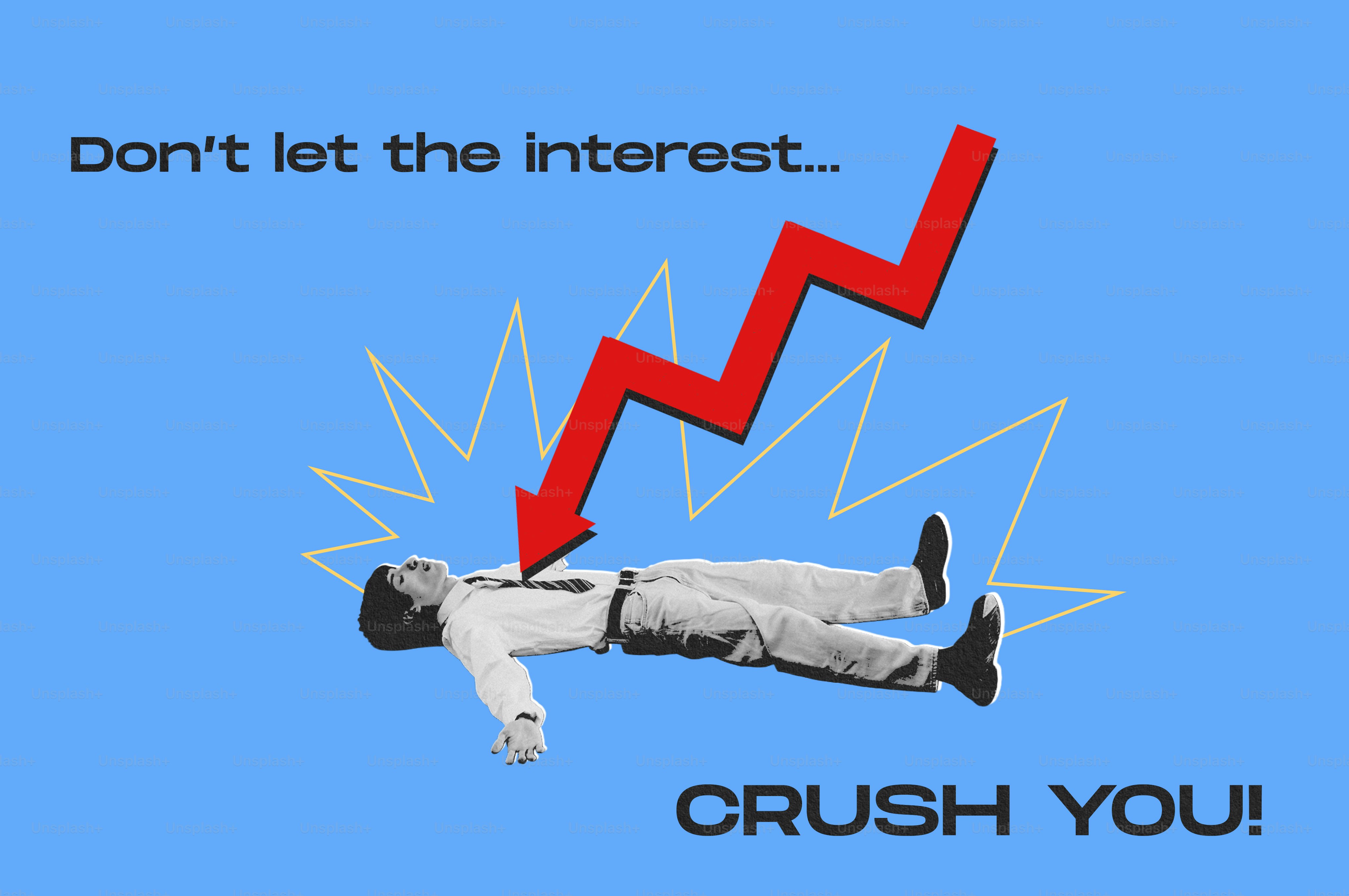 Man crushed by red arrow, representing interest rates