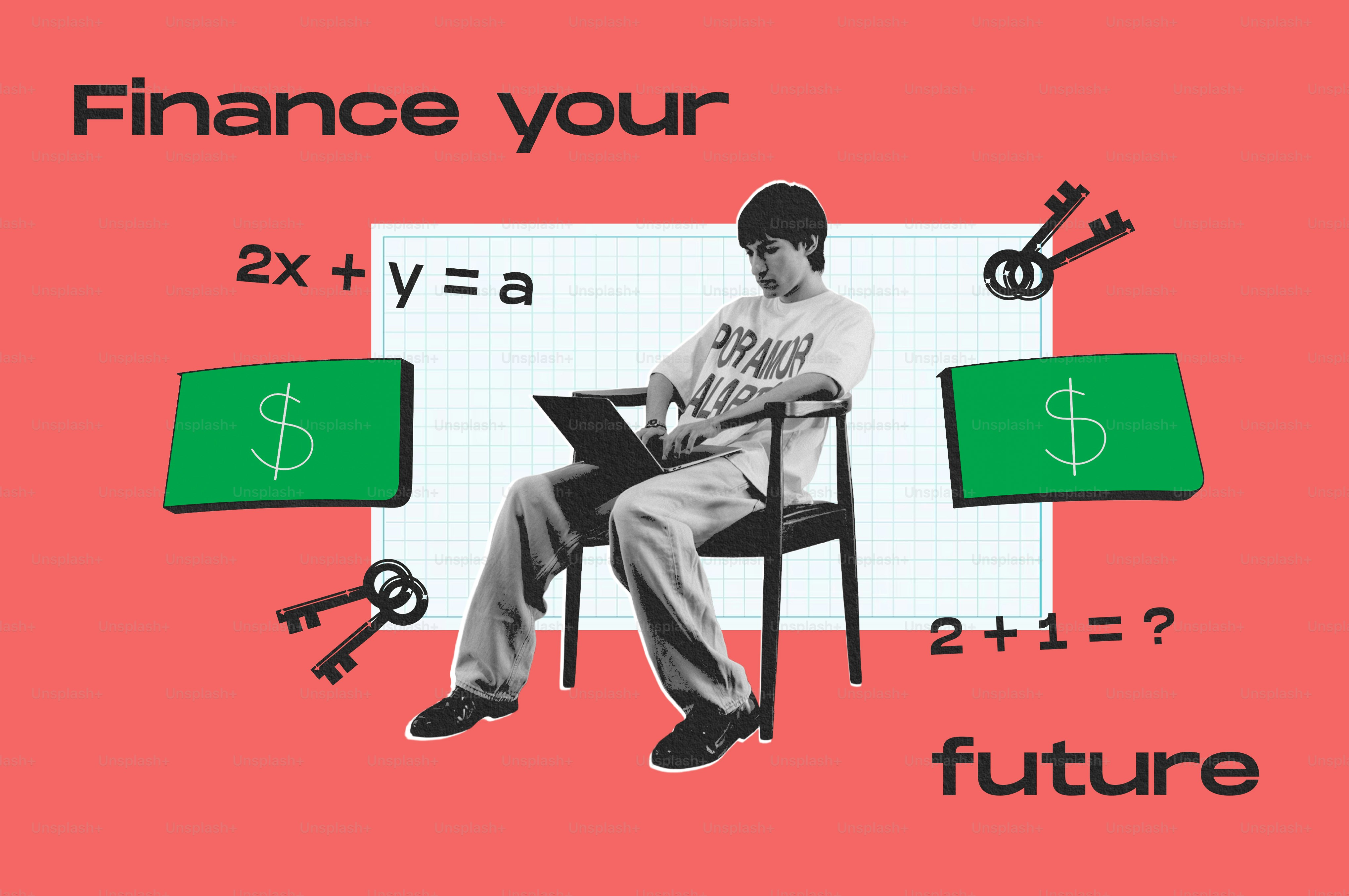 Student studying math equations, dollar signs, keys, finance future
