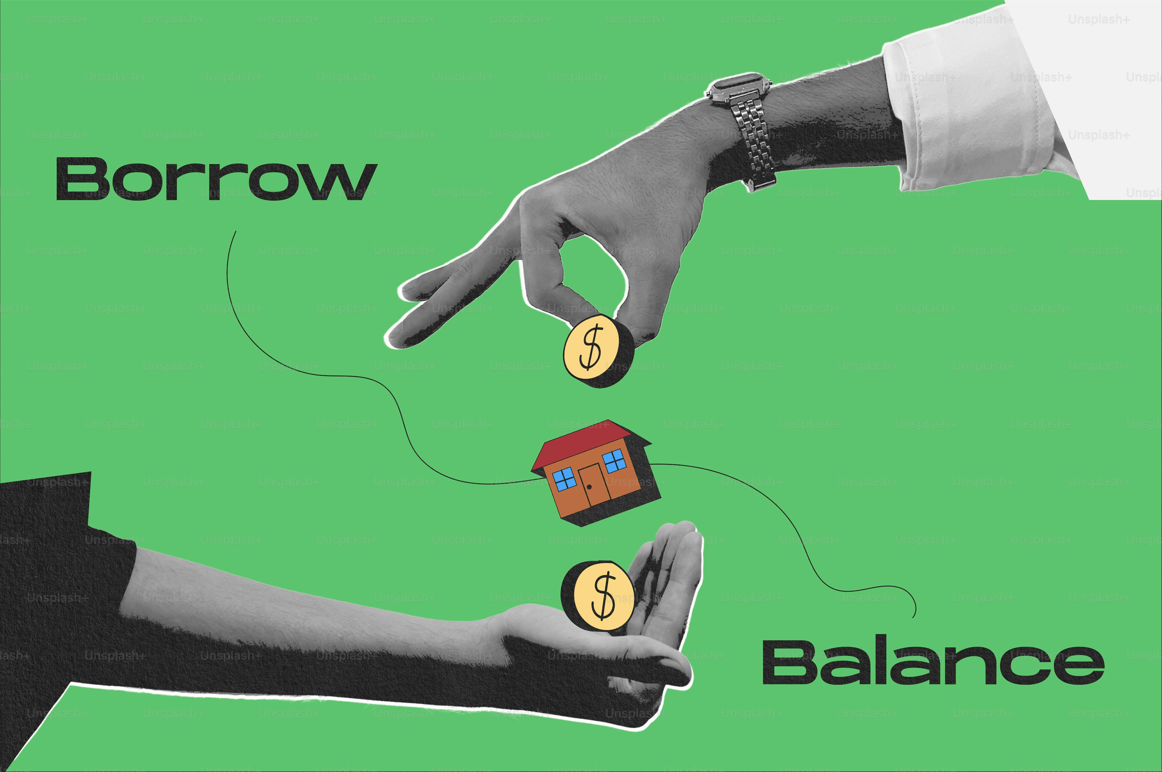 Hands exchanging coins and house icon for 'borrow balance'