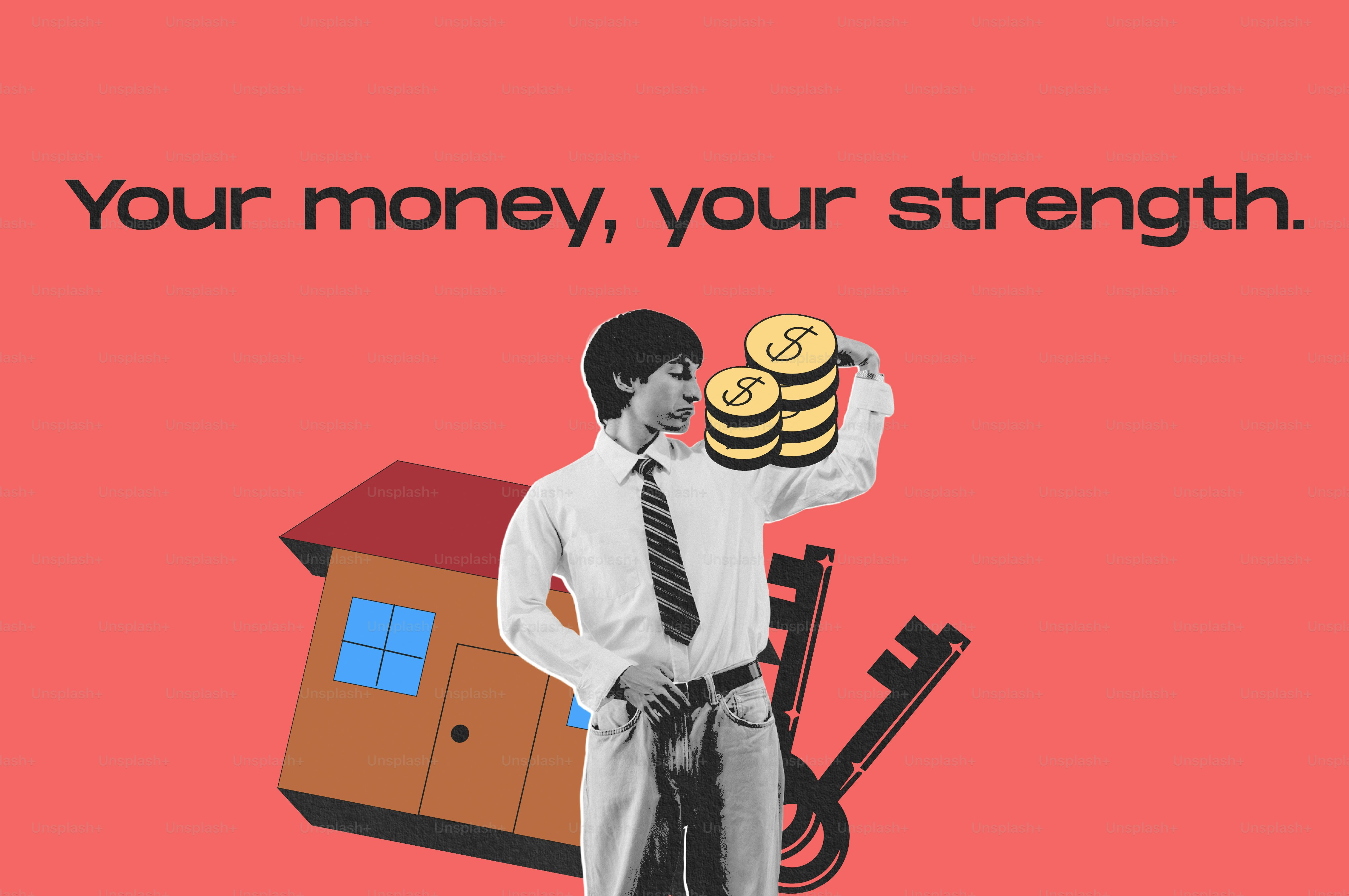 Uomo che tiene monete, casa, chiavi; concetto di sicurezza finanziaria