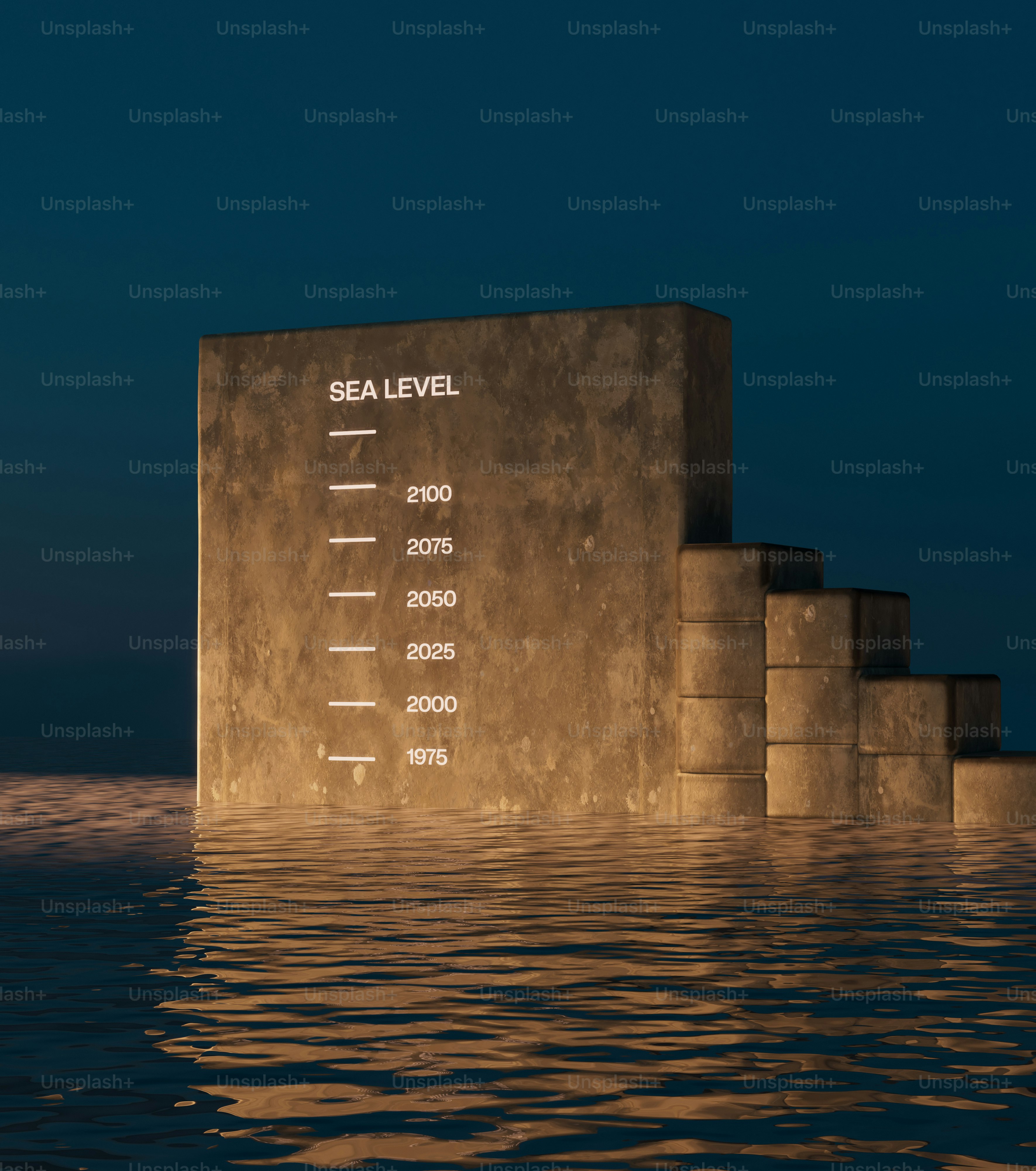 Concrete structure showing rising sea levels over time