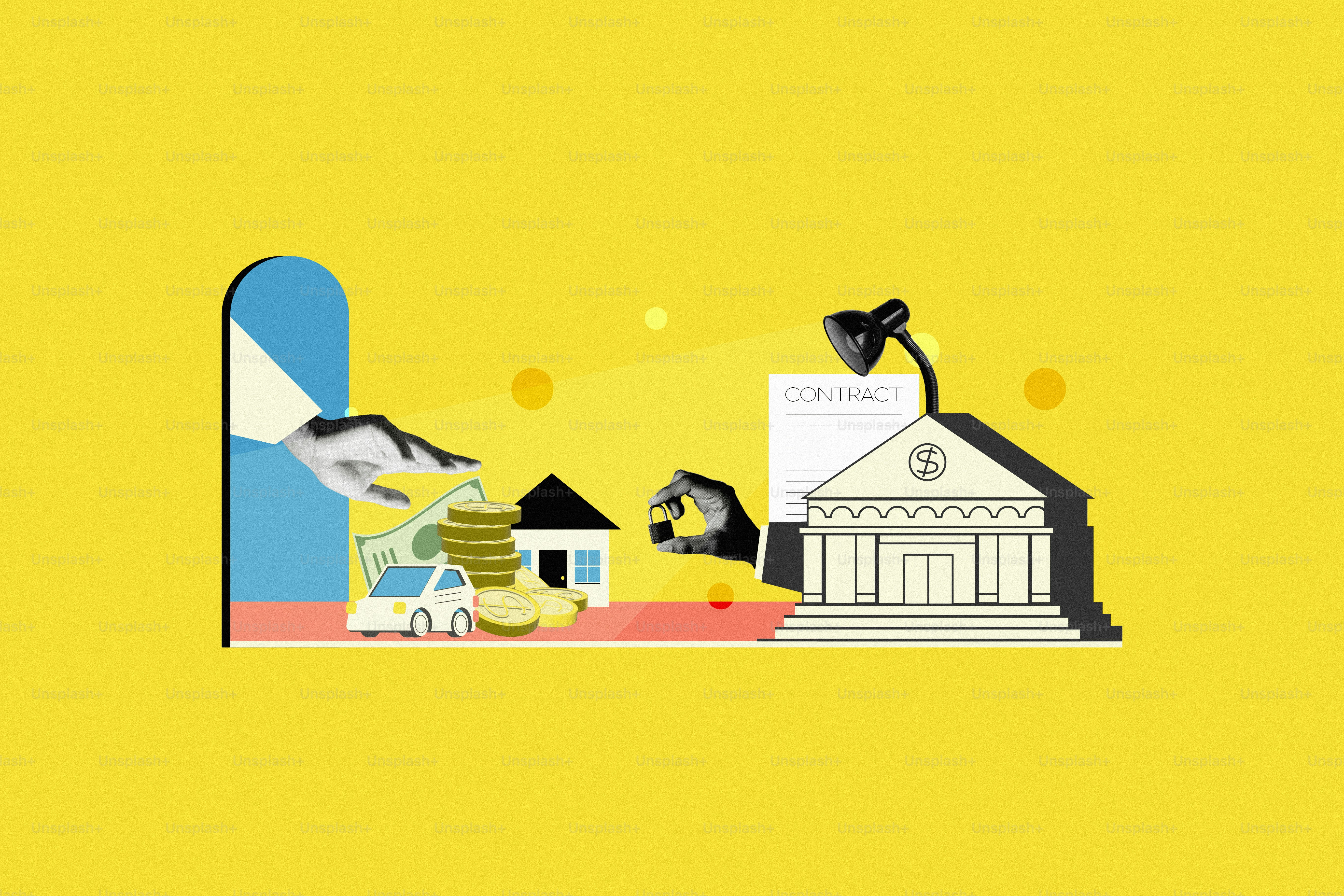 Financial transactions involving bank, house, car, and money