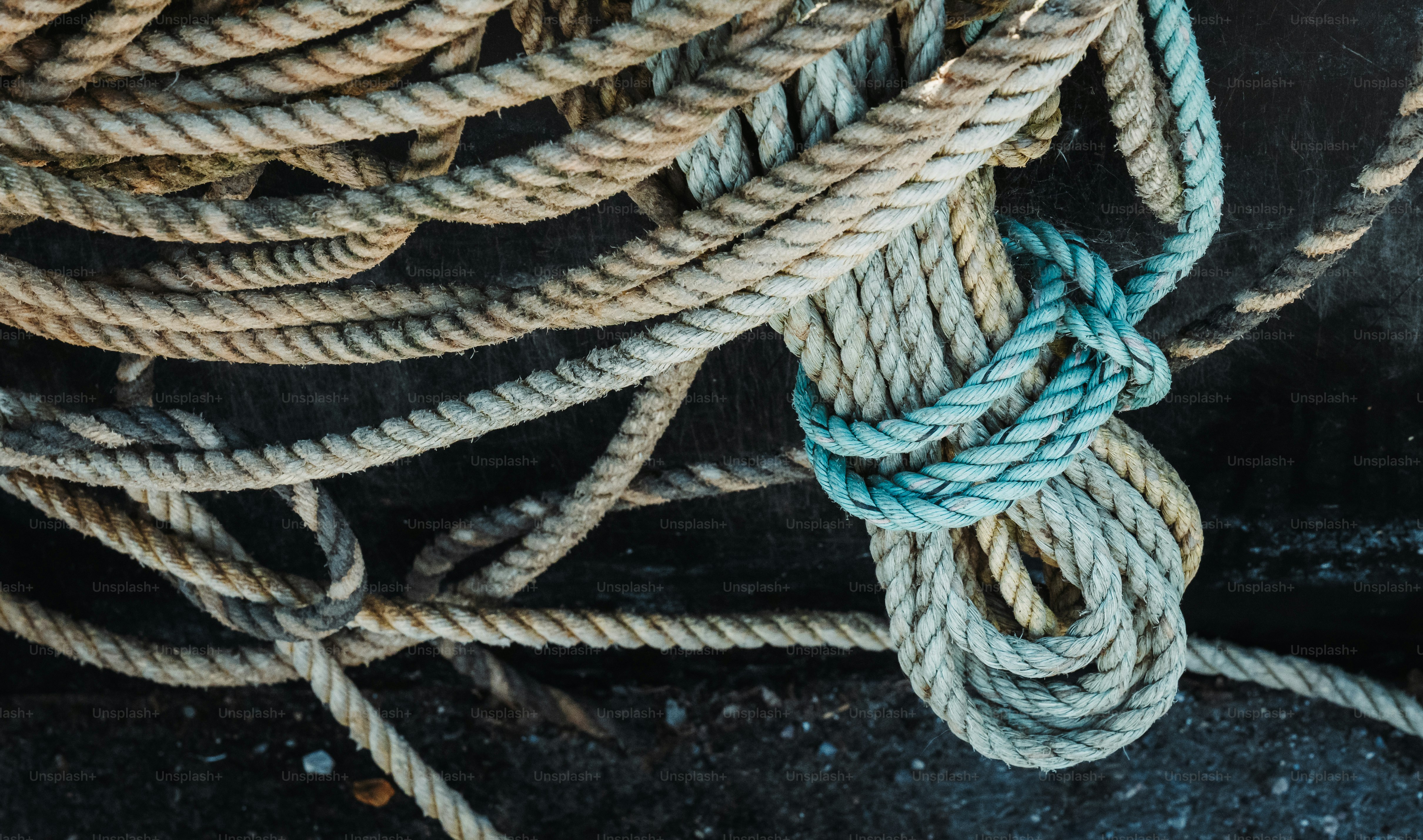 Des cordes nautiques beiges et bleues enroulées sur une surface sombre et texturée.