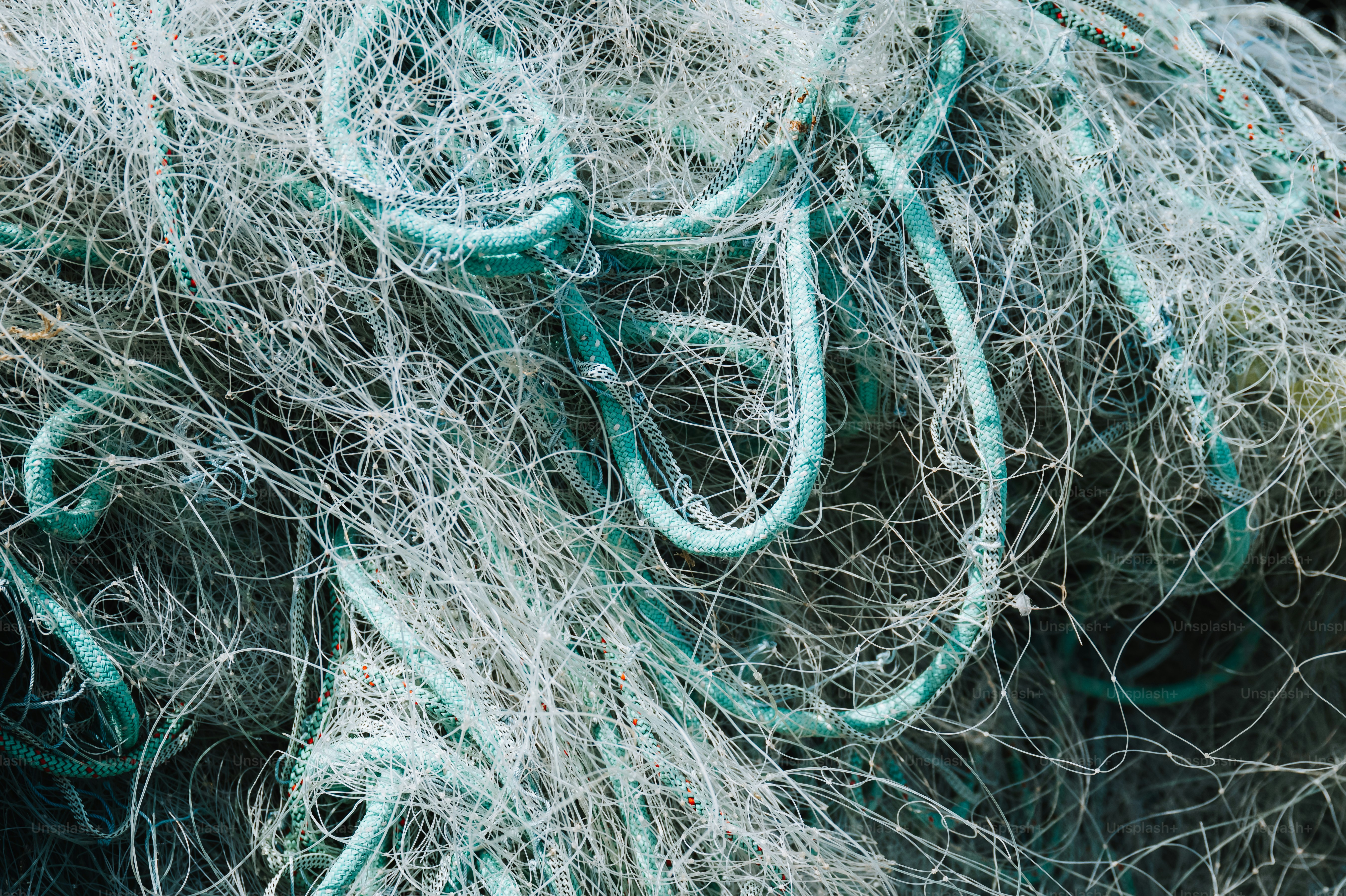 Un tas emmêlé de filets de pêche blancs et sarcelle avec de grosses cordes tressées.